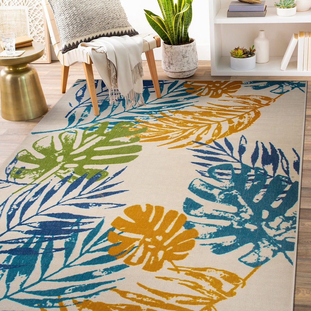 Modern Floral Leaves Flatweave Indoor/Outdoor Area Rug