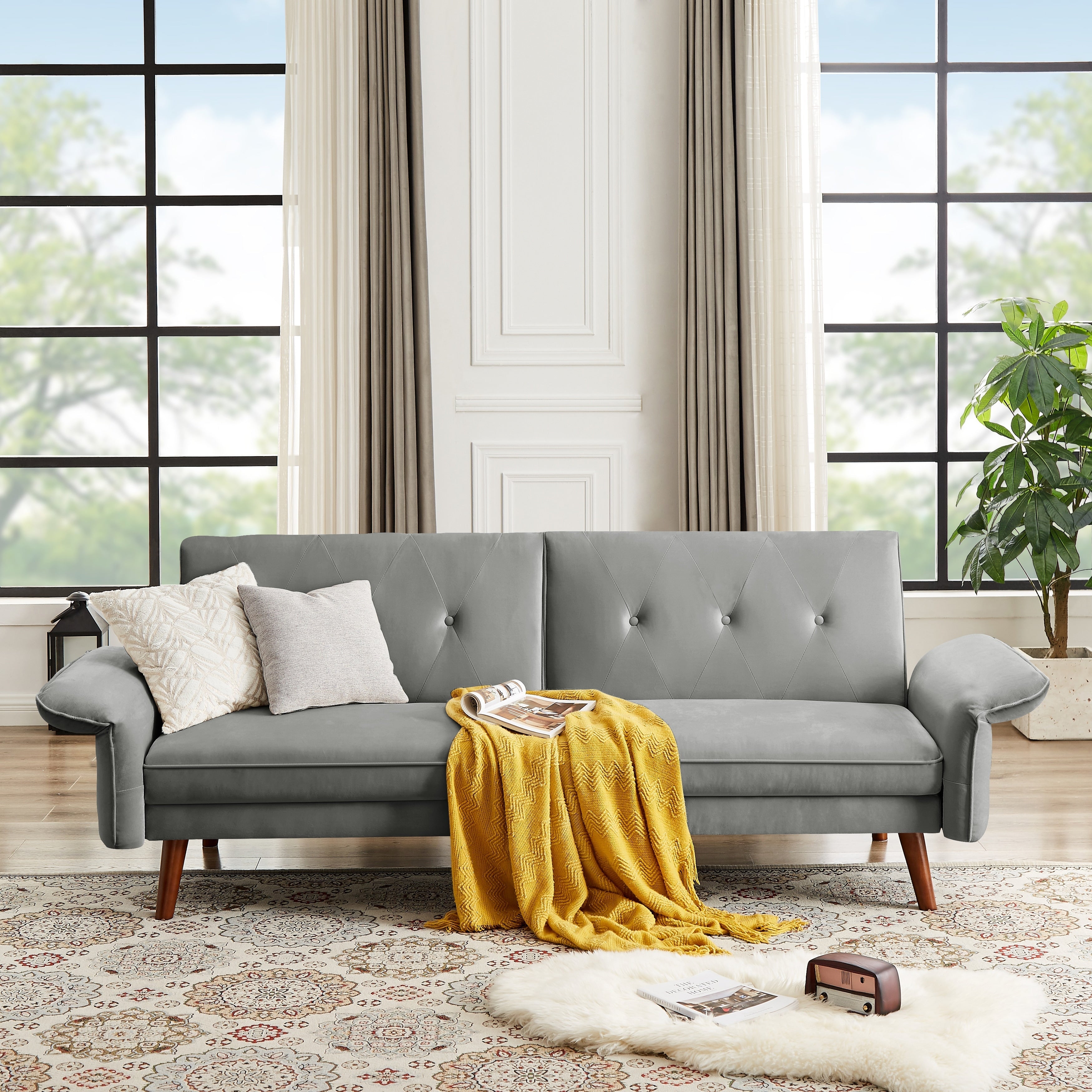 Modern Futon Sofa Bed, Convertible Sleeper Sofa with Tapered Wood Legs, 78.35 W, Small Split Back Sofa for Living Room