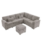 Modern L-Shaped Chenille Sectional Sofa with Pull-Out Sleeper, Storage Seats, Ottoman and 2 Pillows for Living Room
