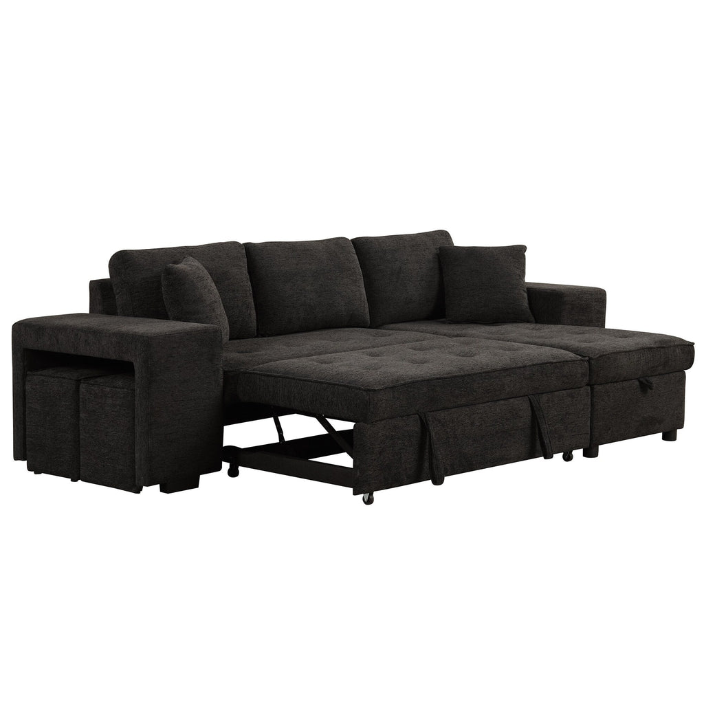 Modern L-Shaped Pull-Out Sectional Sofa Bed with Reversible Chaise, Storage and 2 Stools for Living Room Apartment