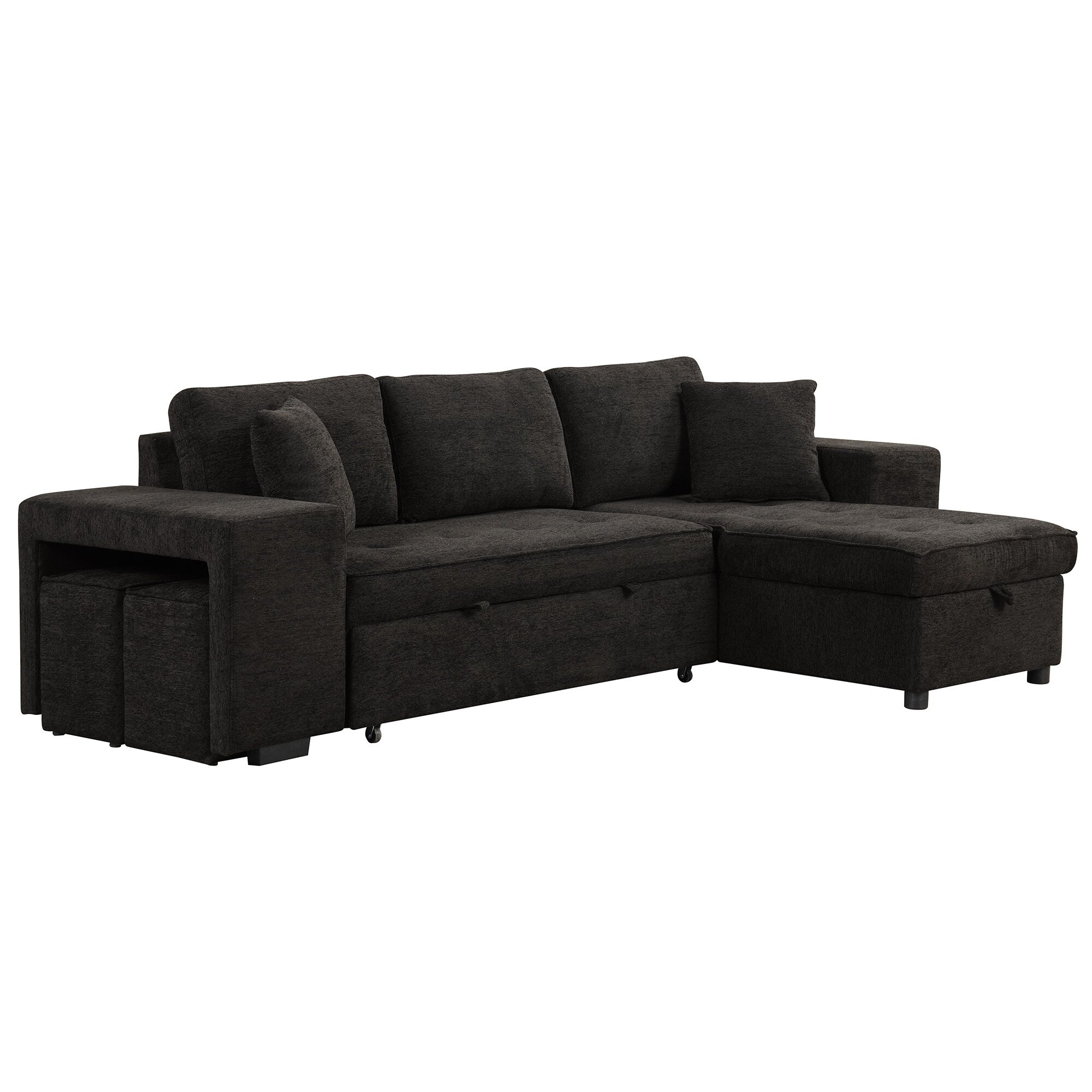 Modern L-Shaped Pull-Out Sectional Sofa Bed with Reversible Chaise, Storage and 2 Stools for Living Room Apartment