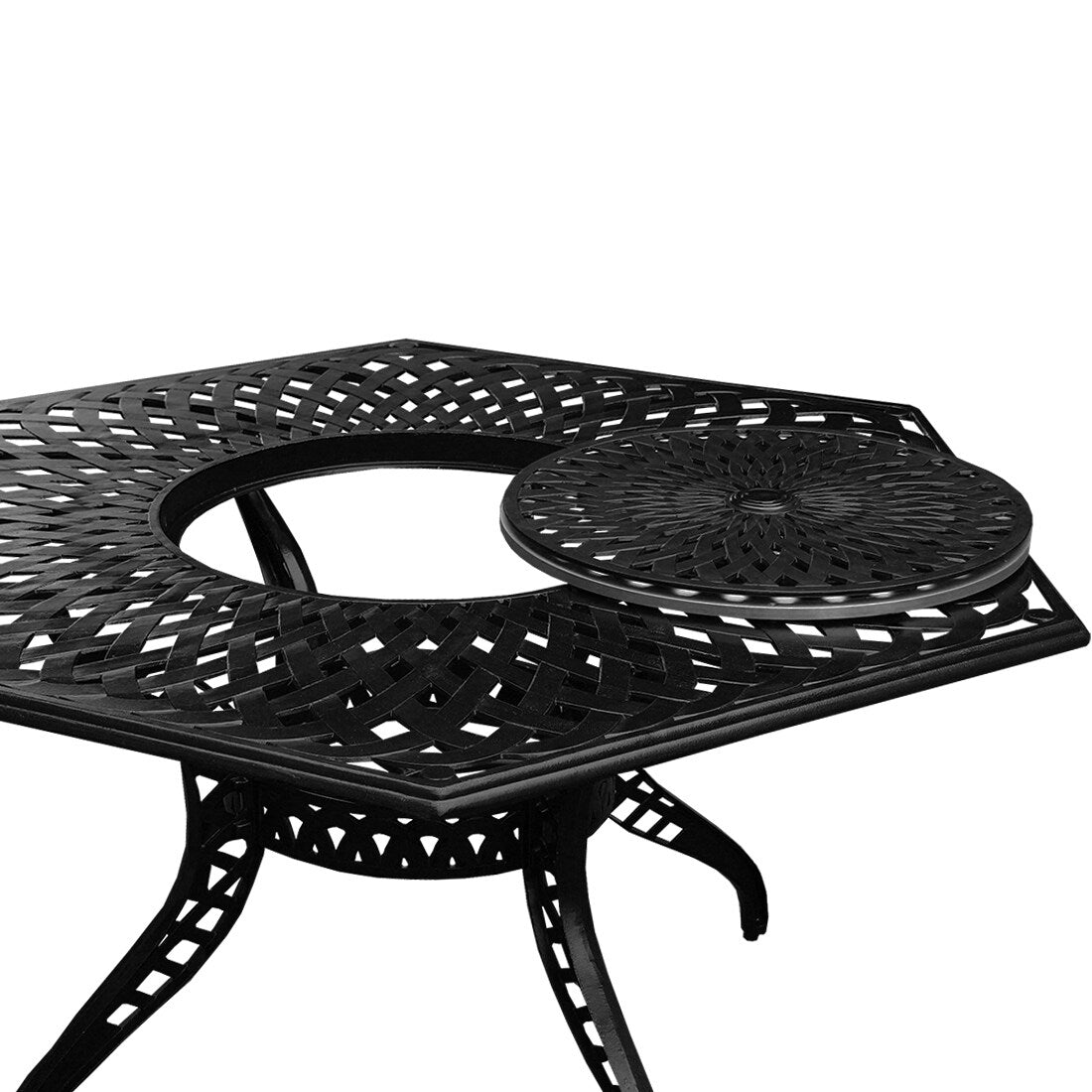 Modern Ornate Outdoor Mesh Aluminum 63-in Large Hexagon Patio Dining Set with Lazy Susan and Six Chairs - N/A