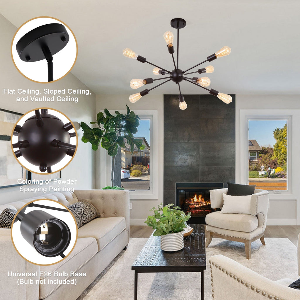 Modern Sputnik Chandelier 10-Light Adjustable Ceiling Light Fixture for Kitchen Dining Room Living Room Bedroom - N/A