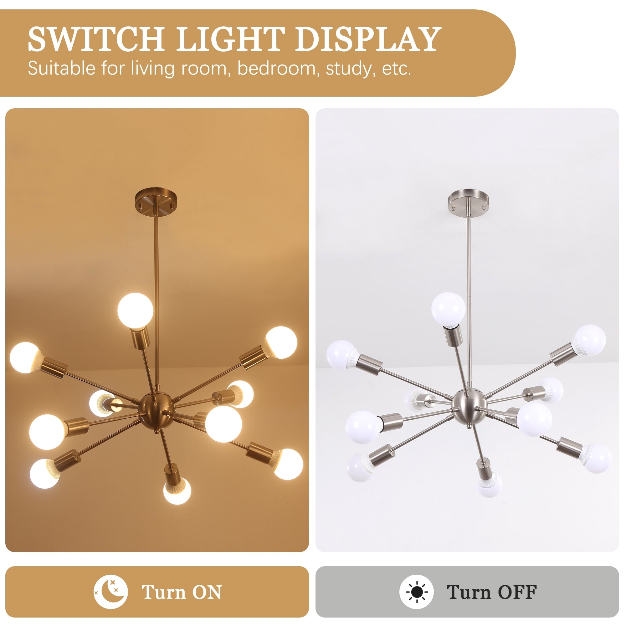 Modern Sputnik Chandelier 10-Light Adjustable Ceiling Light Fixture for Kitchen Dining Room Living Room Bedroom - N/A