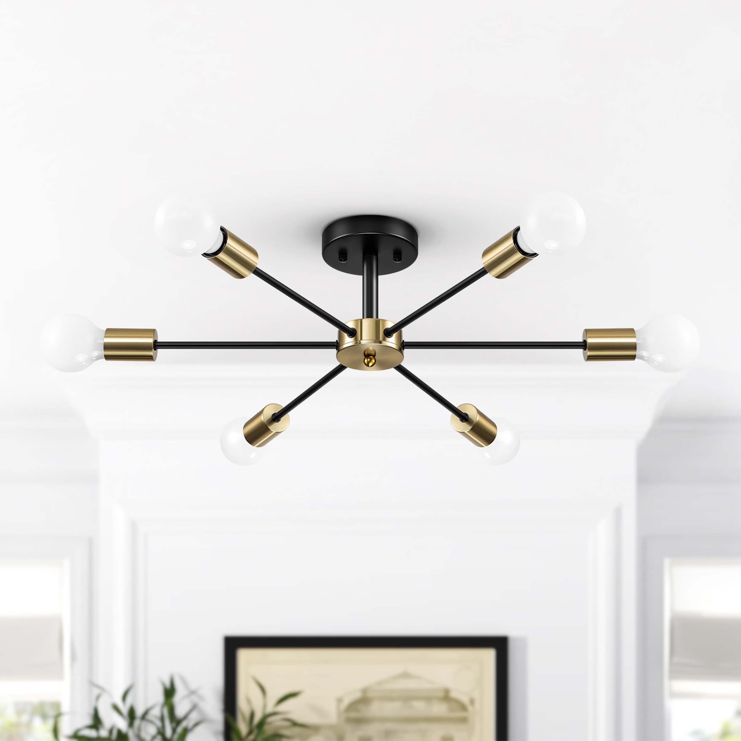 Black/ Gold Sputnik Semi Flush Mount Lamp Close to Ceiling Light Fixture for Living Room/ Kitchen/ Office/ Bedroom/ Foyer