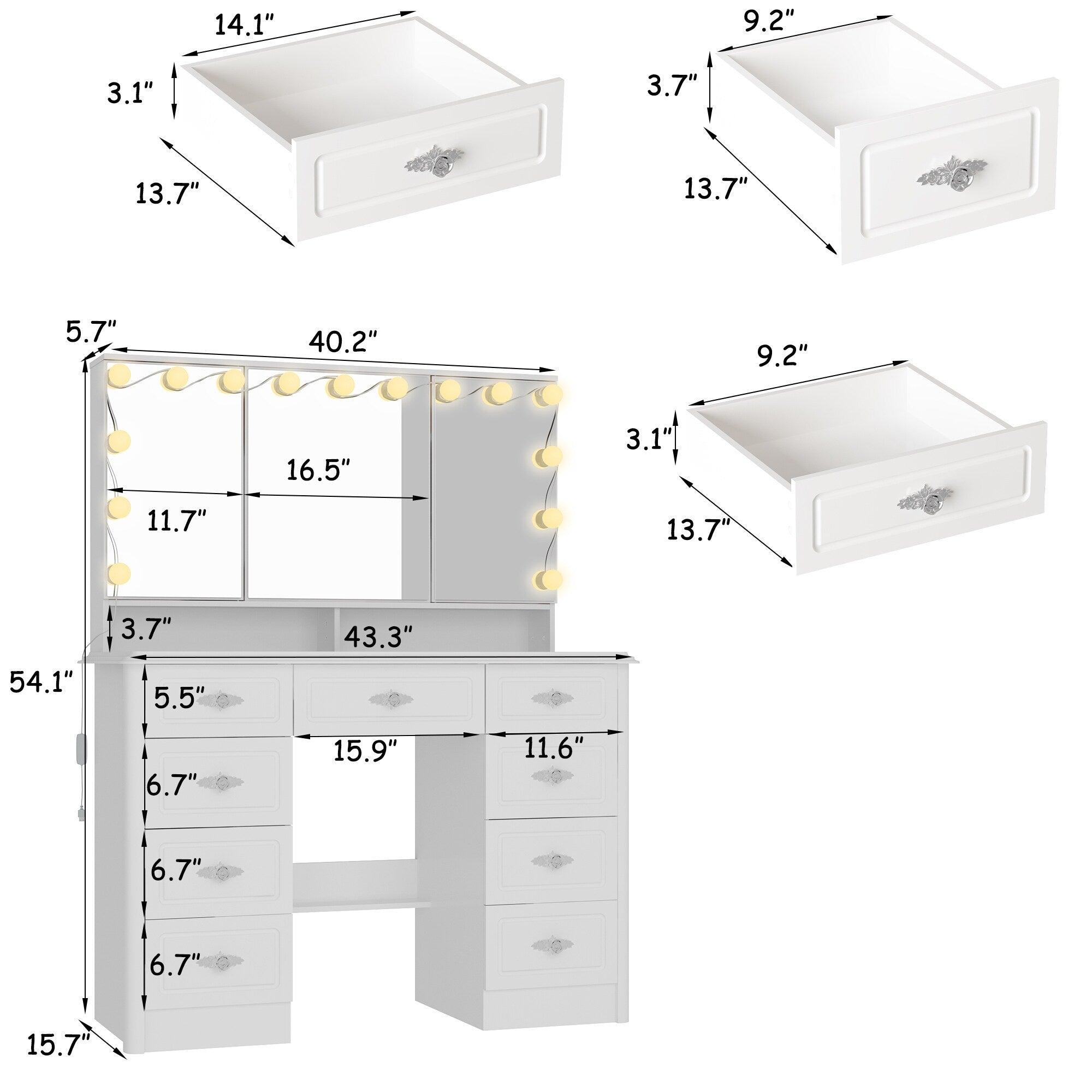 Modern White Makeup Vanity Fold Mirror Adjustable Lighting Dressing - 40.2x54.1