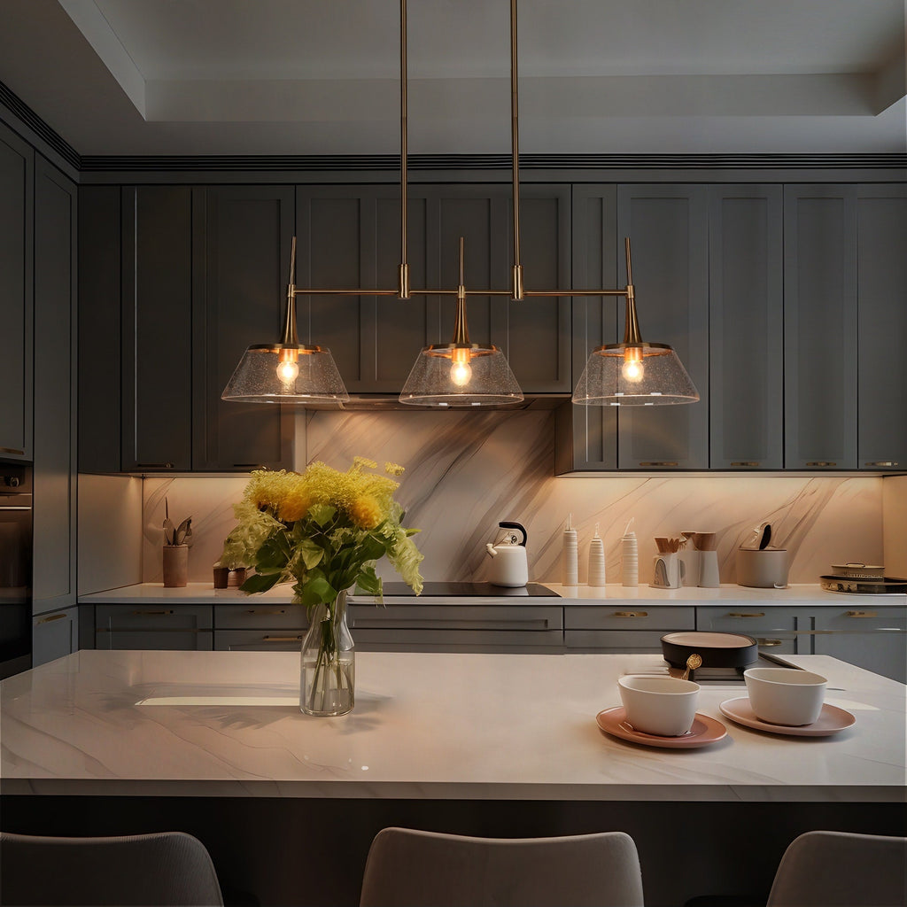 Mola Modern Gold 3-Light Seeded Glass Chandelier Linear Island Pendant Light for Dining Room