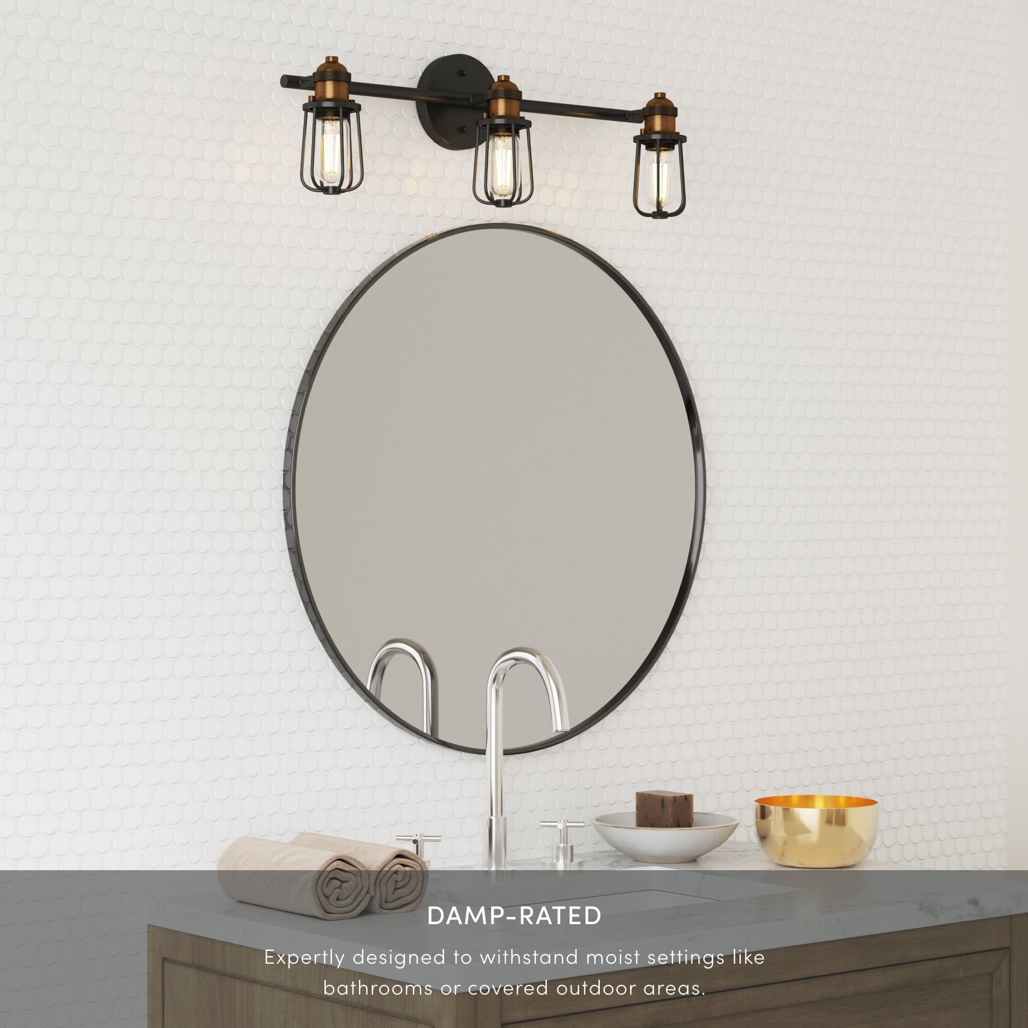 Nathan James Rori Vanity Wall Light Indoor 3-Light Bathroom with Farmhouse Cage Sconce and Brass Details