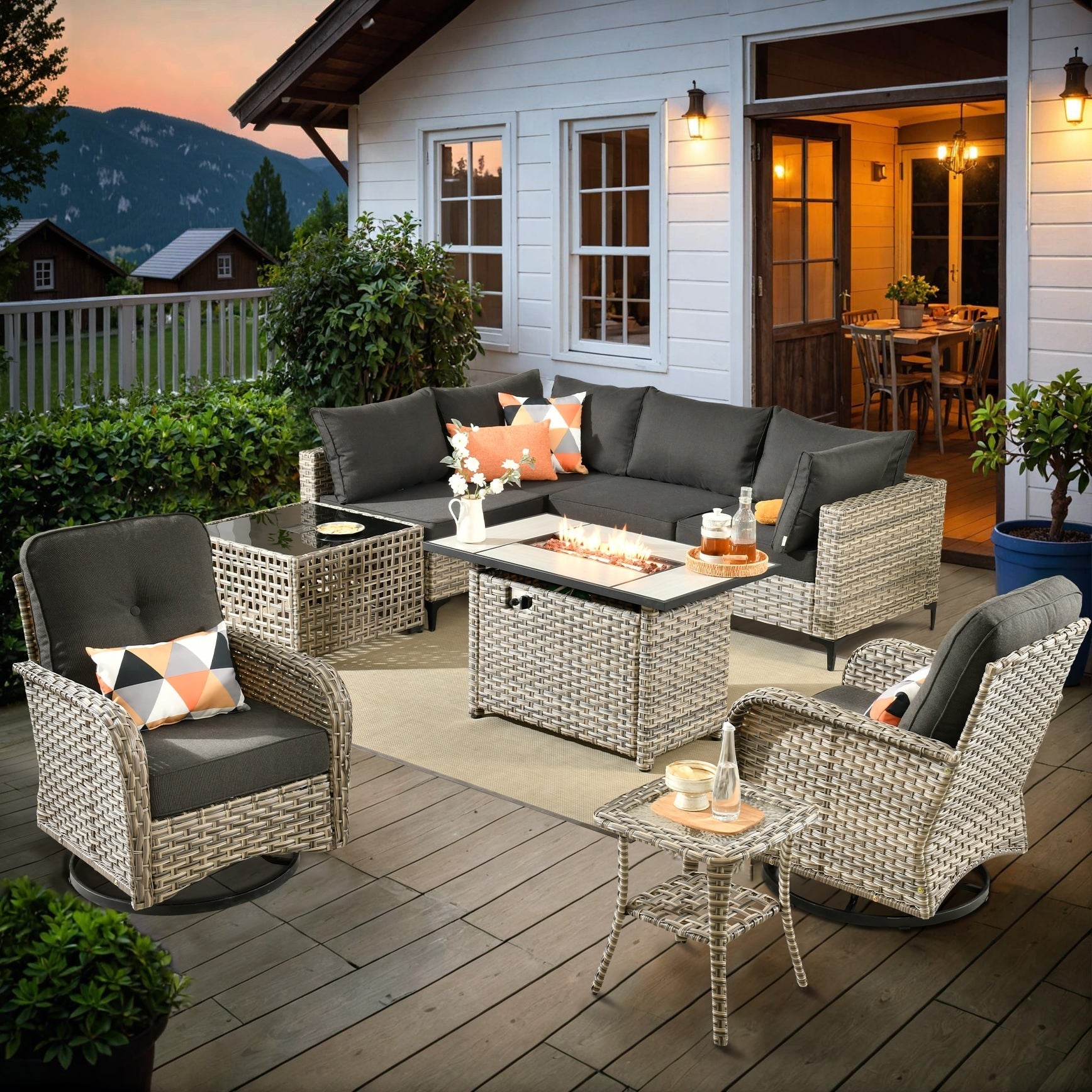 OVIOS 9 Pieces Outdoor Wicker Swivel Chair Set With Fire Table