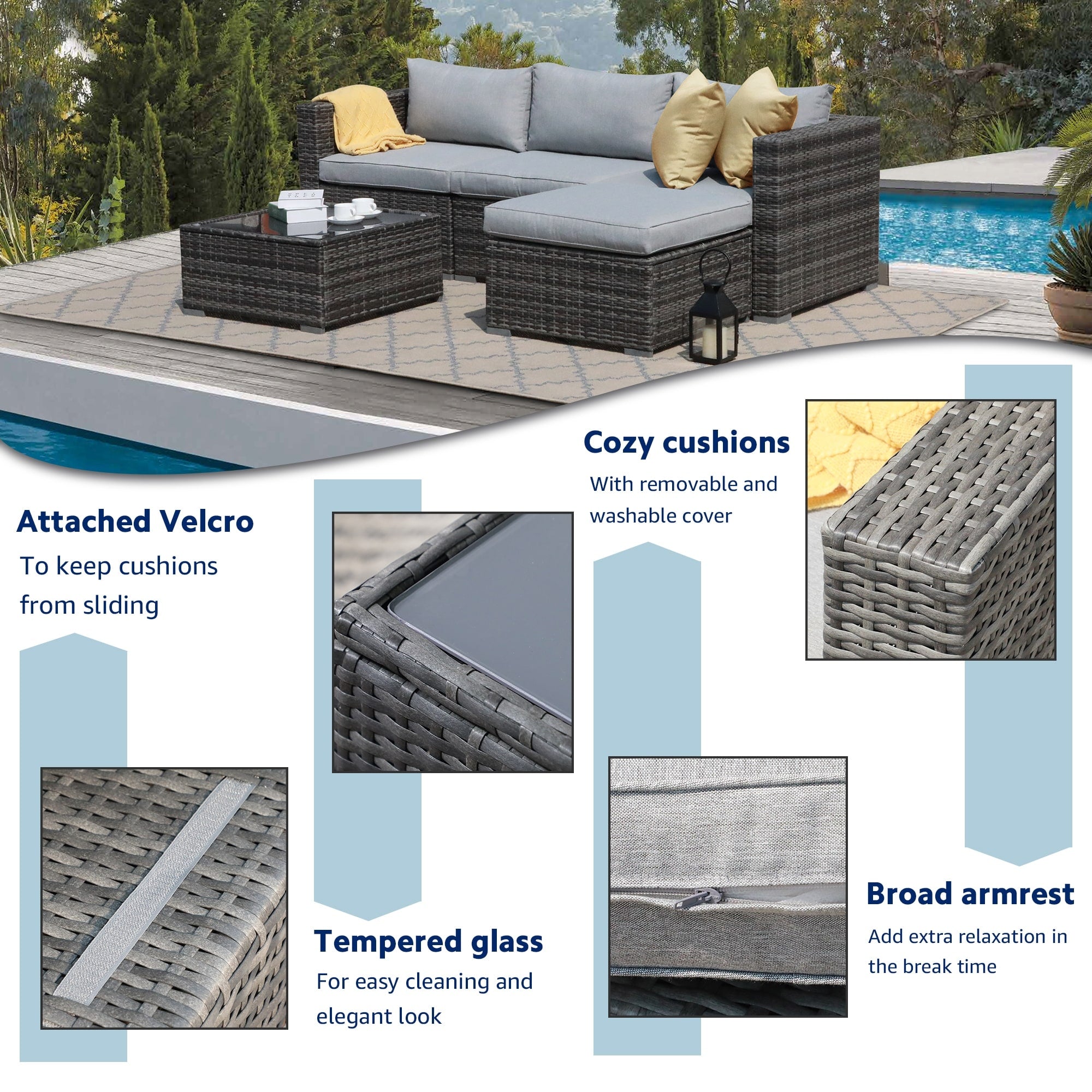 5-piece Outdoor Wicker Sectional Sofa Set with Cushions