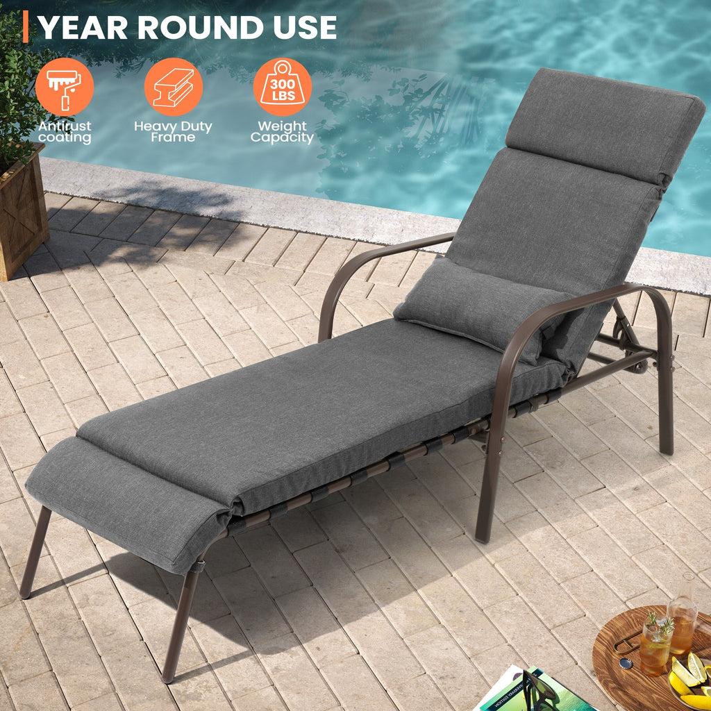 Outdoor Adjustable Patio Chaise Lounge Chair with Cushion Beach Poolside