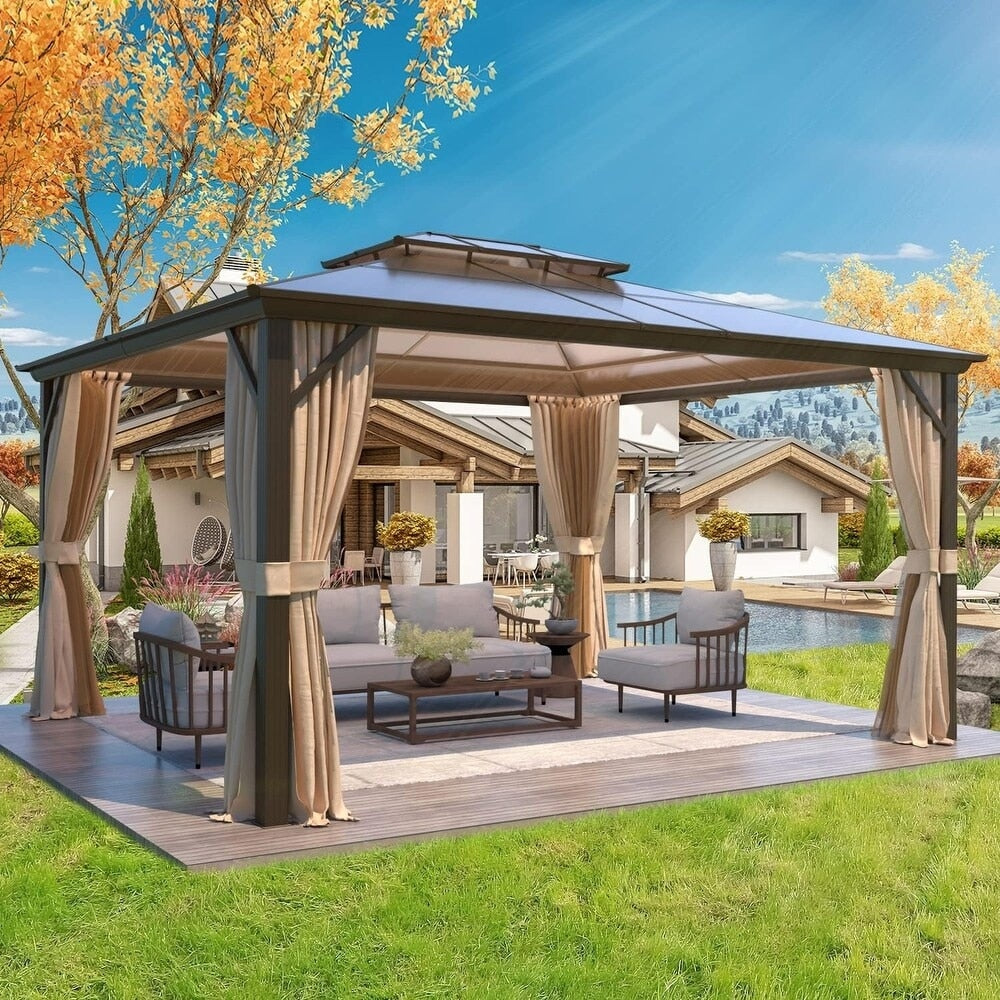 EROMMY Hardtop Gazebo,Outdoor Pergola with Double Roof & Netting & Curtains,Heavy Duty Canopy for Patio, Backyard, Pool party