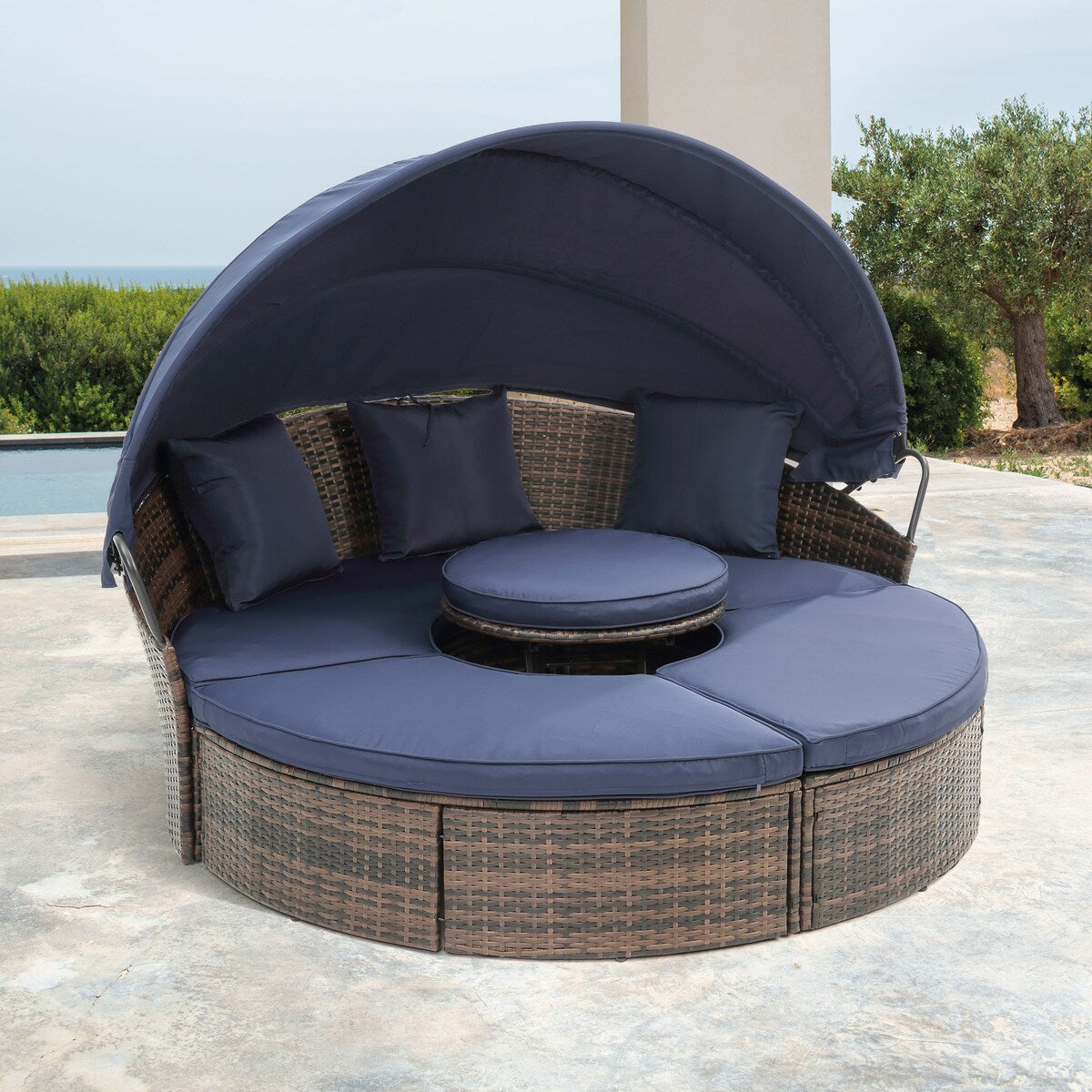 Outdoor Rattan Round Canopy Daybed with Lift Coffee Table, Navy Blue Deep Seating Sofa Bed with Pillows and Washable Cushions