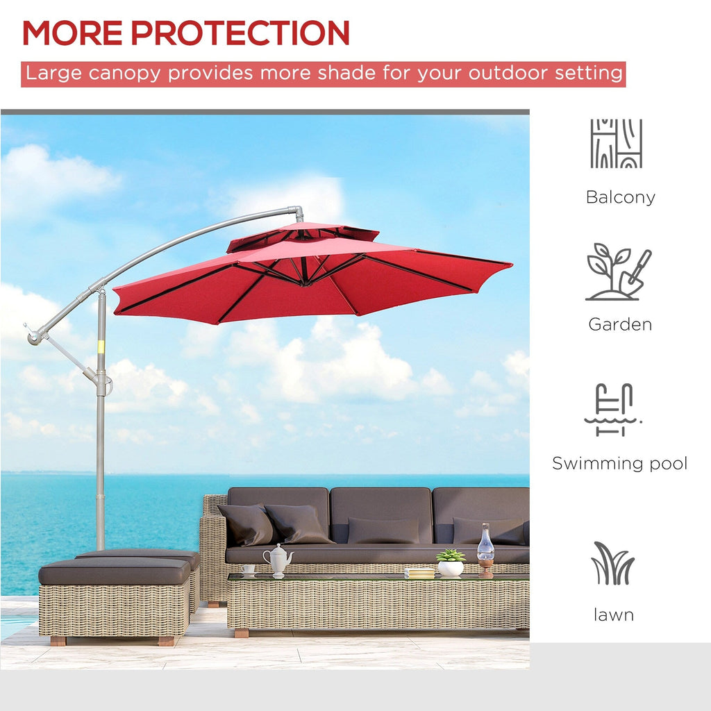 Outsunny 9' 2-Tier Cantilever Umbrella with Crank Handle, Cross Base and 8 Ribs, Garden Patio Offset Umbrella