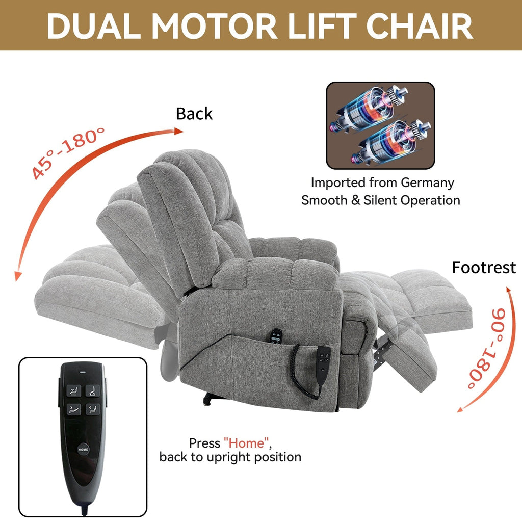 Oversized Chenille Power Lift Recliner Chair with Massage and Lumbar Heating, Infinite Position Reclining