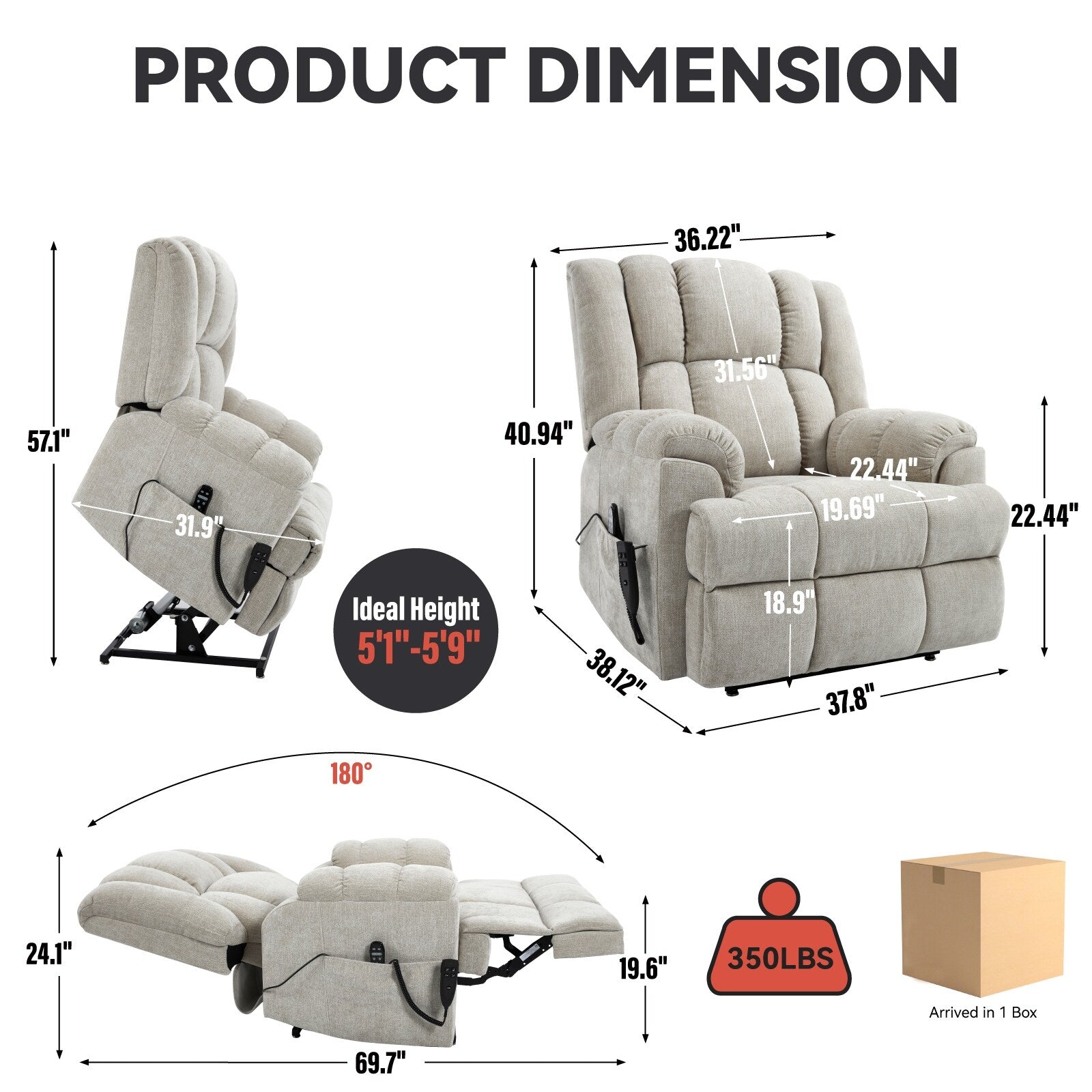 Oversized Chenille Power Lift Recliner Chair with Massage and Lumbar Heating, Infinite Position Reclining