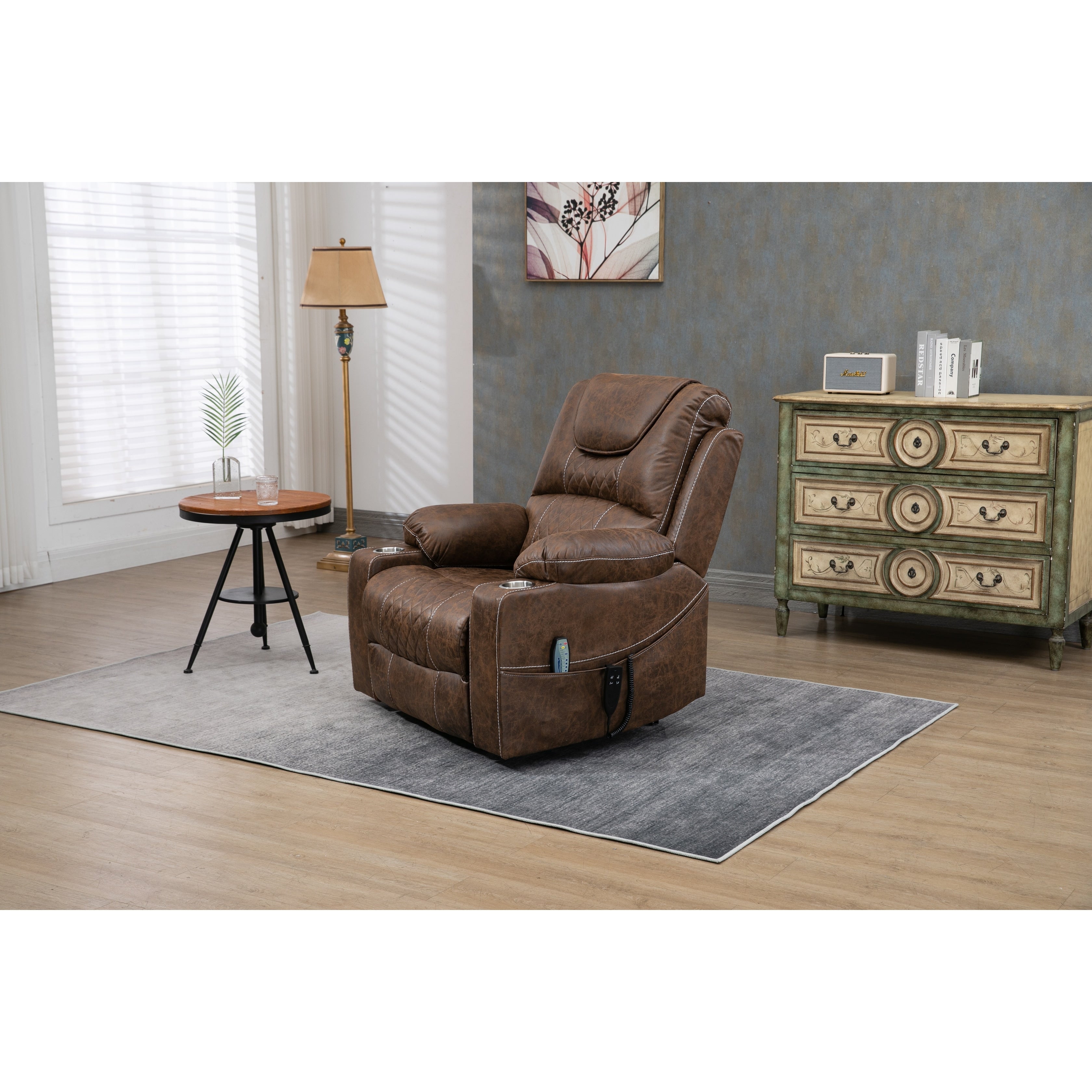 Oversized PU Leather Power Lift Recliner with Massage, Lumbar Heating, Cup Holder, 180¡ã Flat Lay
