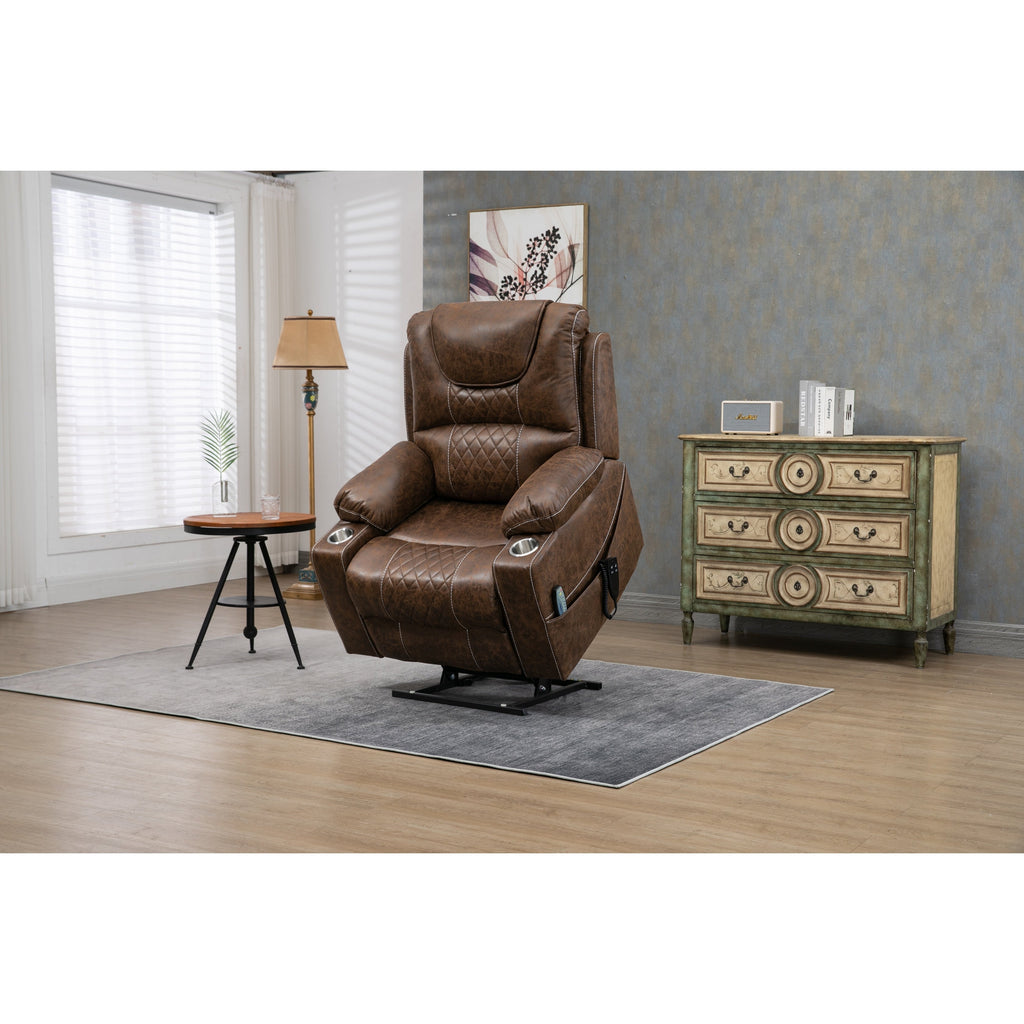 Oversized PU Leather Power Lift Recliner with Massage, Lumbar Heating, Cup Holder, 180¡ã Flat Lay