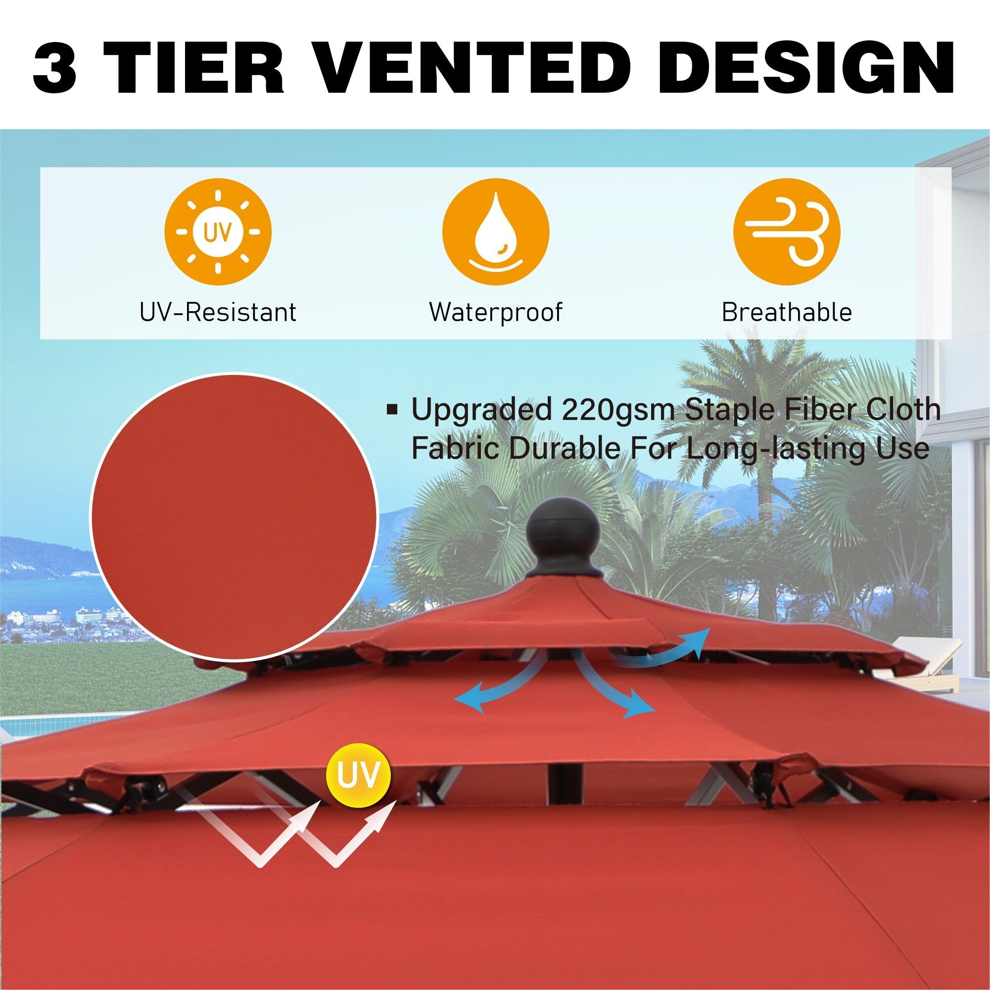 MAISON ARTS 10ft 3 Tiers Patio Outdoor Umbrella Matched with most Patio Table with Ventilation Auto-tilt and Crank Lift