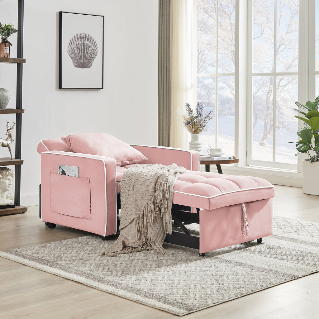 Pink Velvet Single Sofa Bed with Adjustable Back