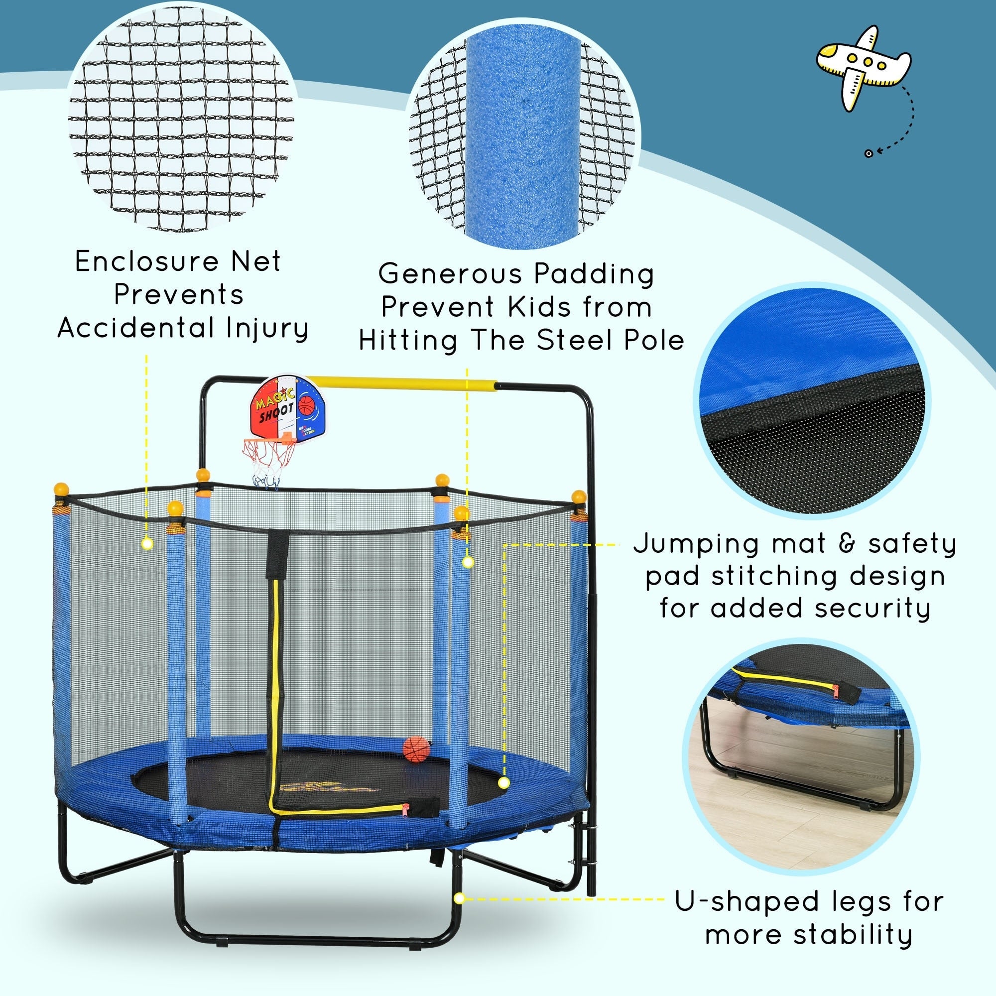 Qaba 4.6' Kids Trampoline with Basketball Hoop, Horizontal Bar, 55 Indoor Trampoline with Net