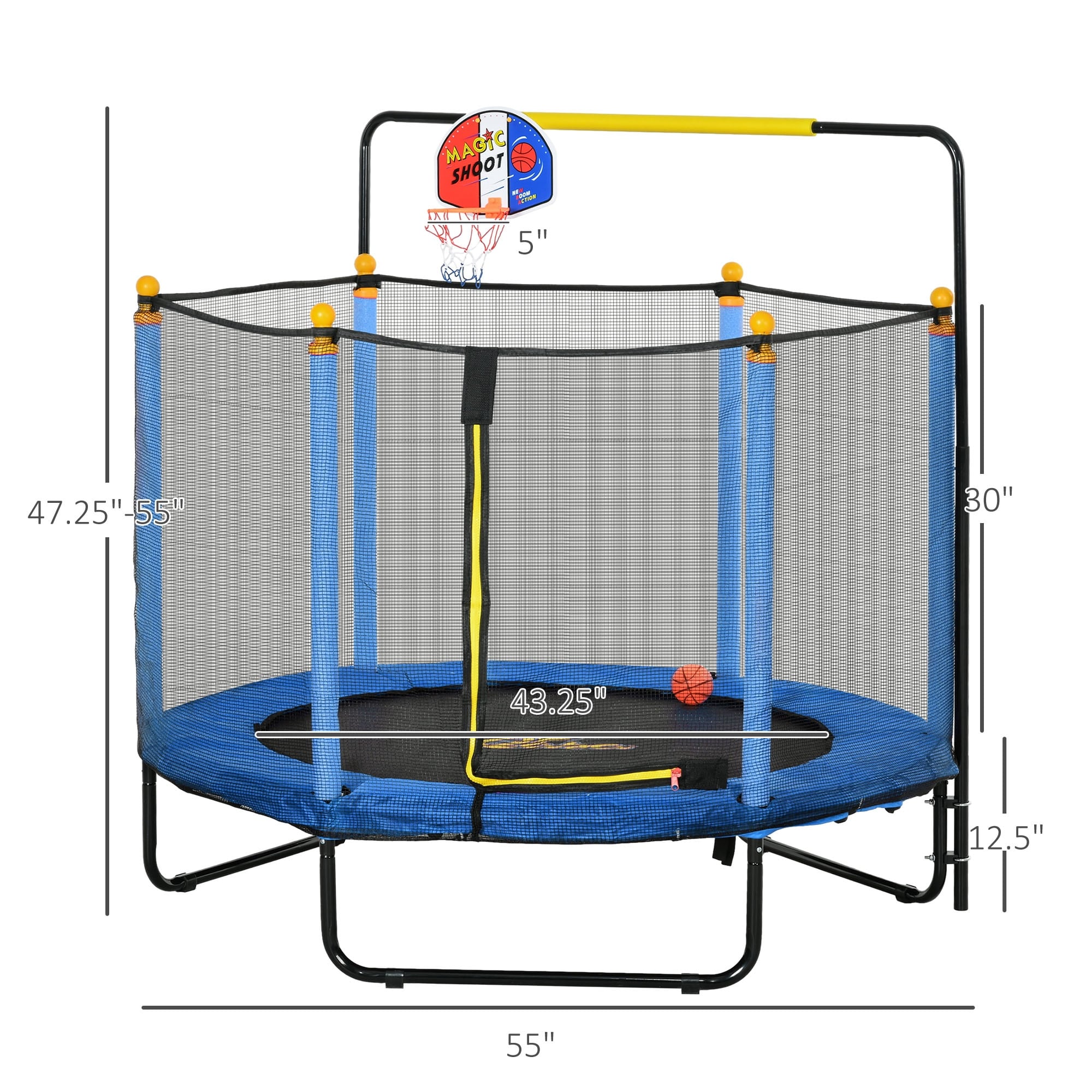 Qaba 4.6' Kids Trampoline with Basketball Hoop, Horizontal Bar, 55 Indoor Trampoline with Net