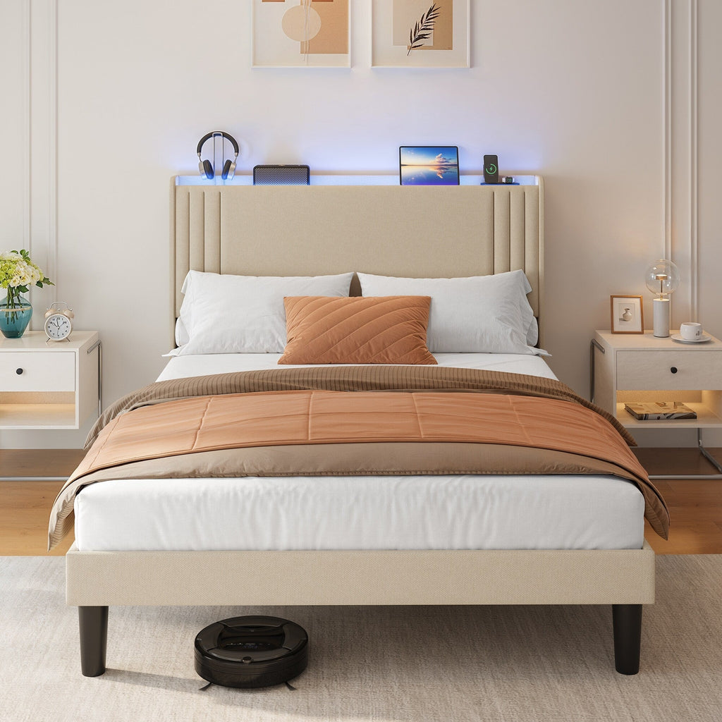 Queen/ Full Vertical Channels Upholstered Bed with Wingback Headboard