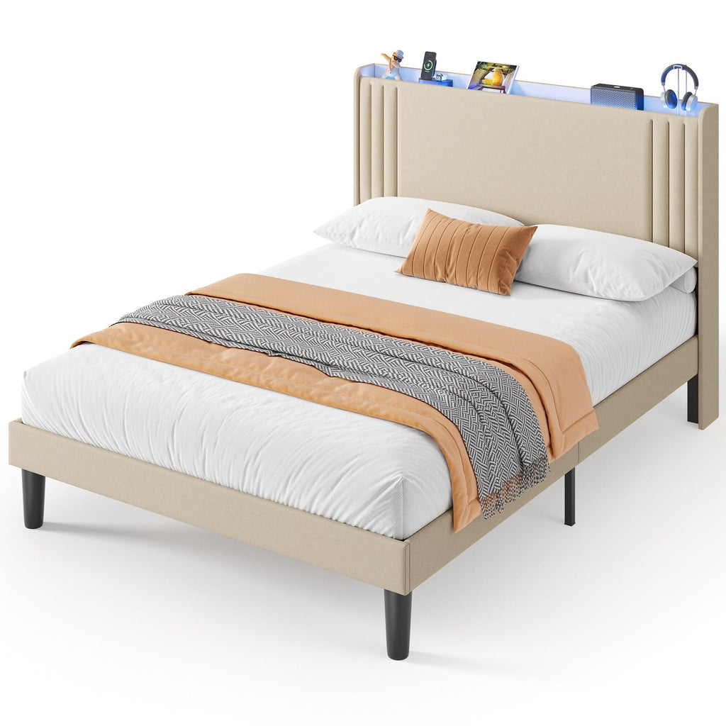 Queen/ Full Vertical Channels Upholstered Bed with Wingback Headboard