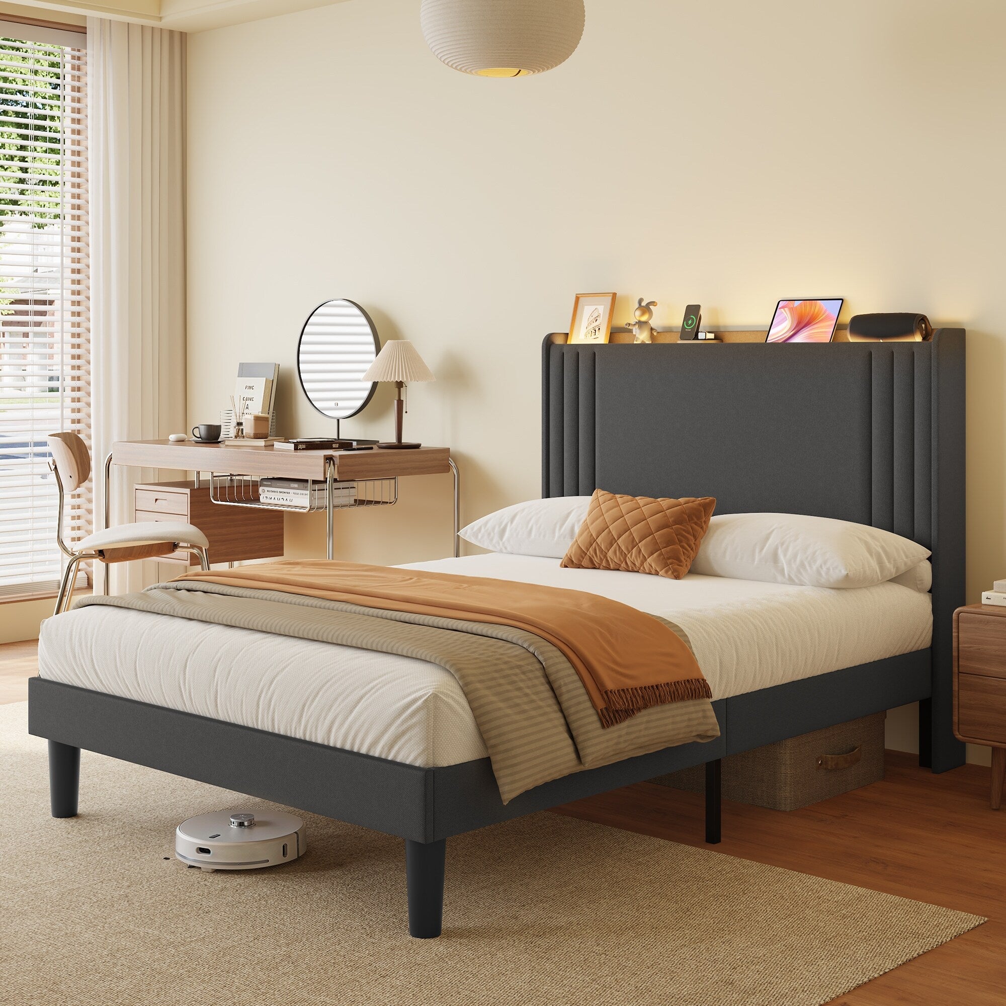 Queen/ Full Vertical Channels Upholstered Bed with Wingback Headboard