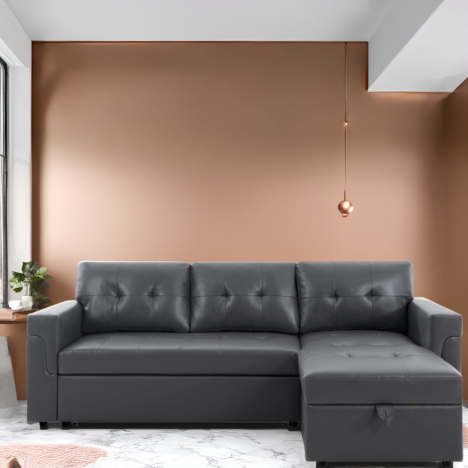 Reversible Sectional Sofa with Pull-Out Sleeper Bed, Hidden Storage Chaise, Durable Legs,