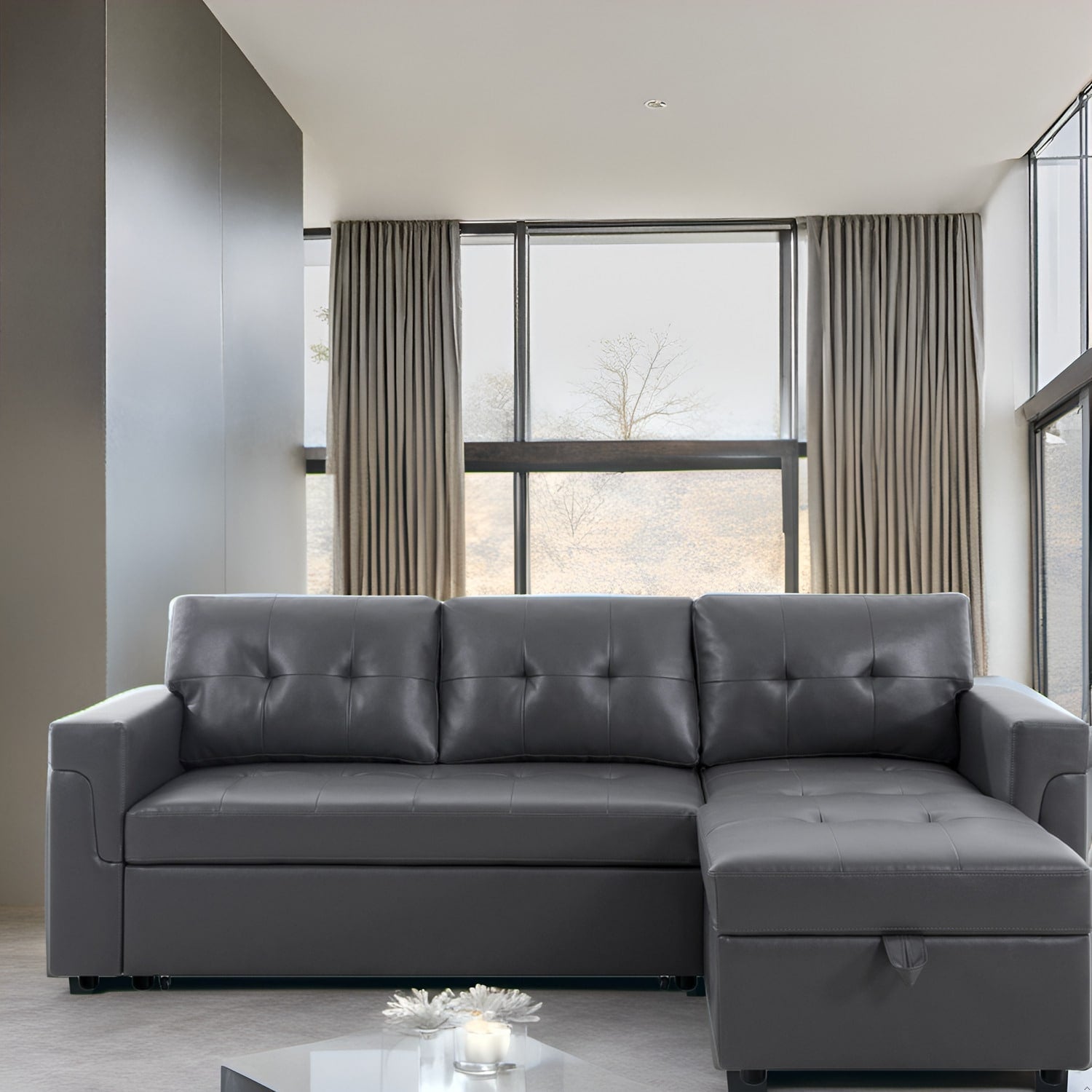 Reversible Sectional Sofa with Pull-Out Sleeper Bed, Hidden Storage Chaise, Durable Legs,