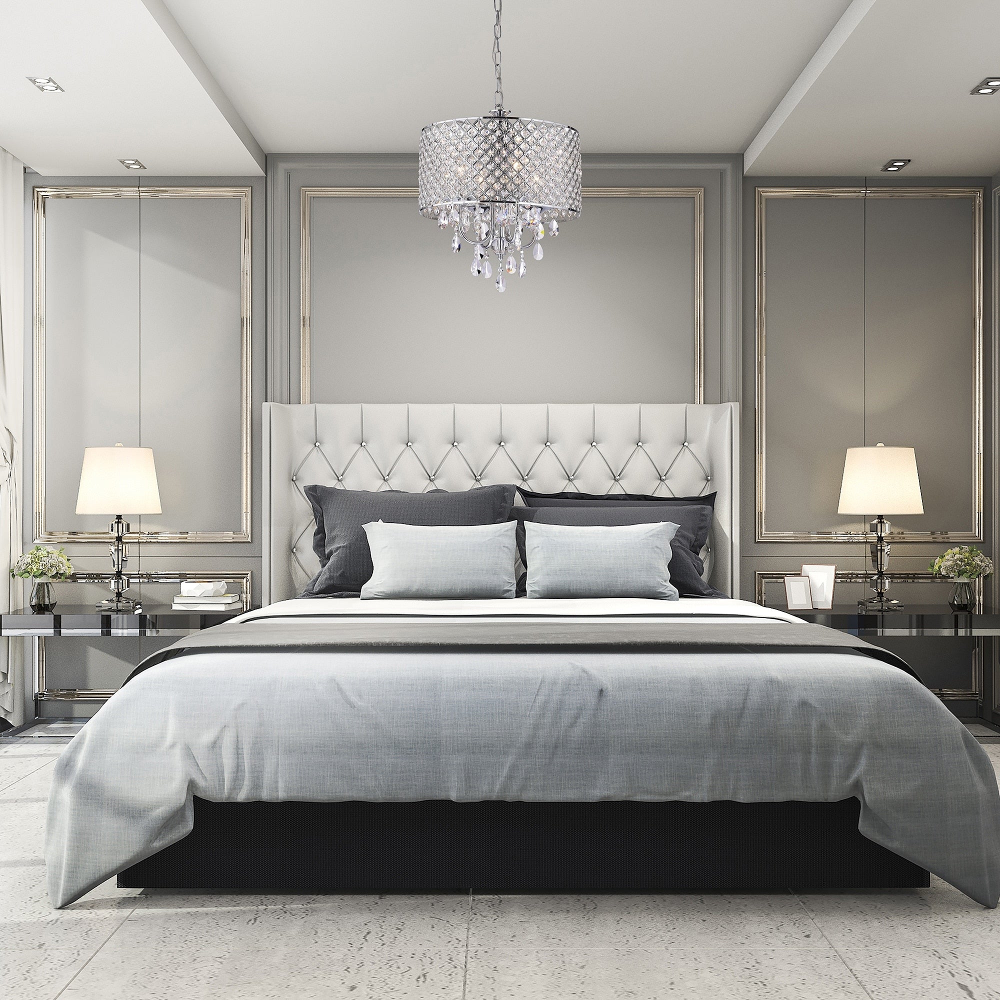 Round Beaded Drum Chandelier with Hanging Crystals