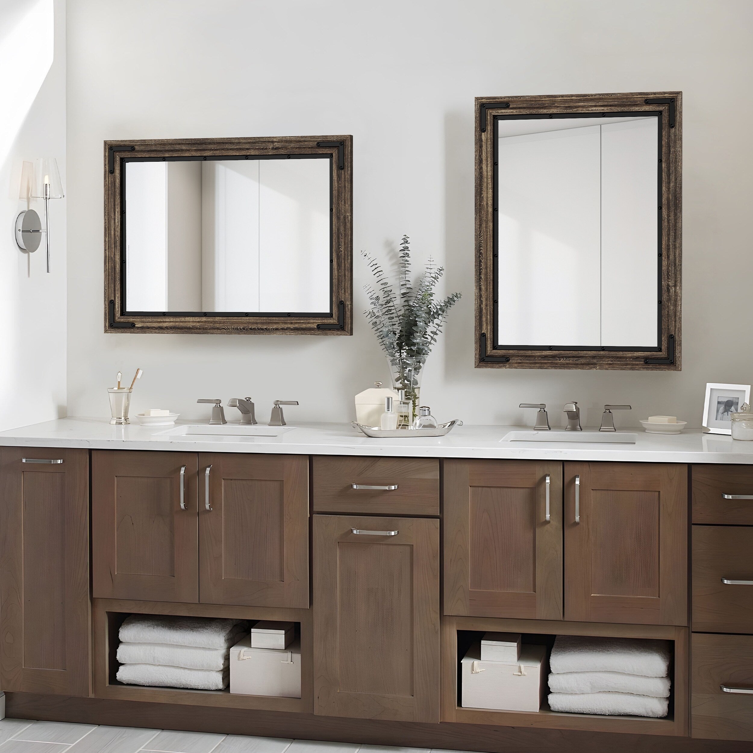 Rustic Wooden Framed Wall Mirror, Natural Wood Bathroom Vanity Mirror