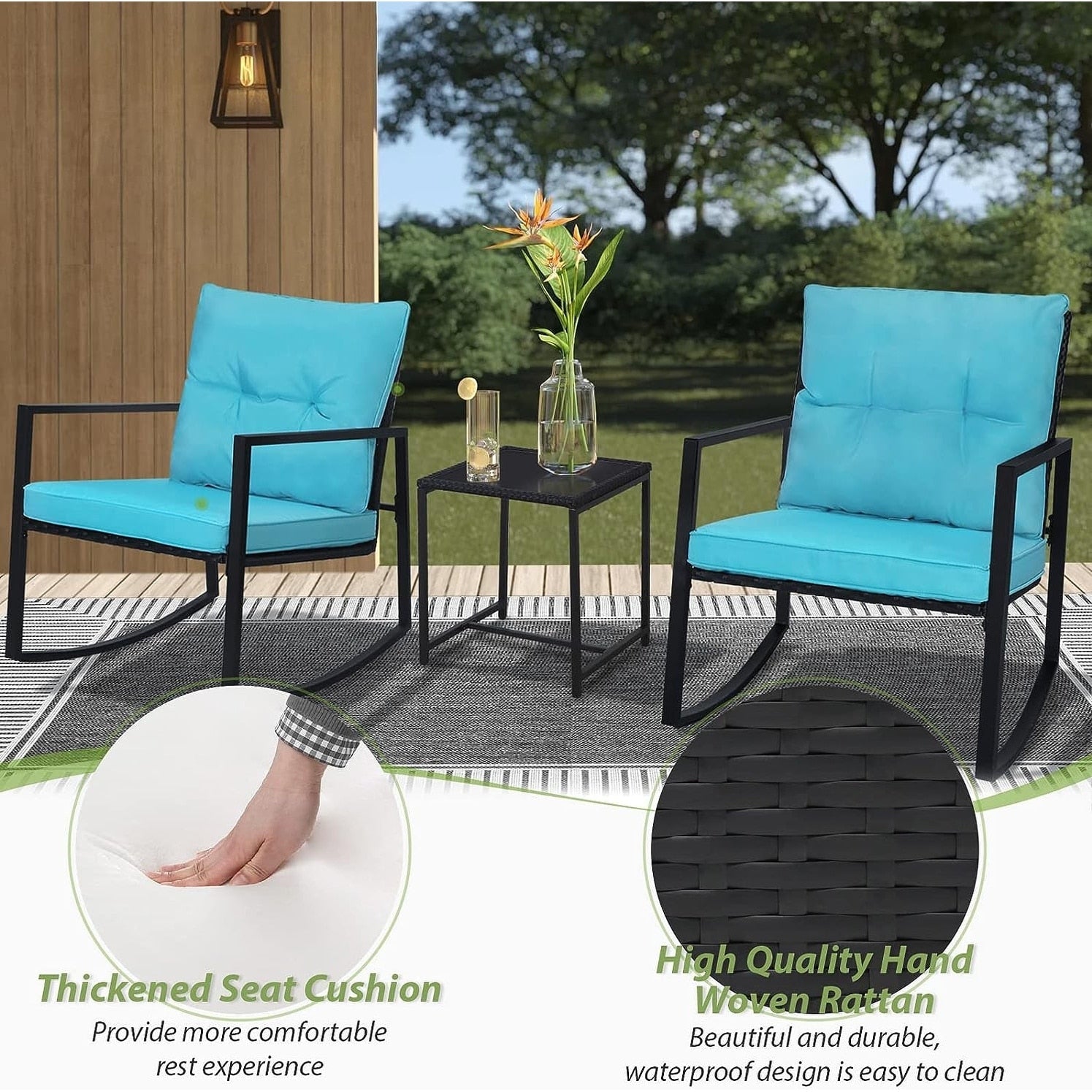 SUNCROWN 3-Piece Black Metal Outdoor Patio Rocking Bistro Set