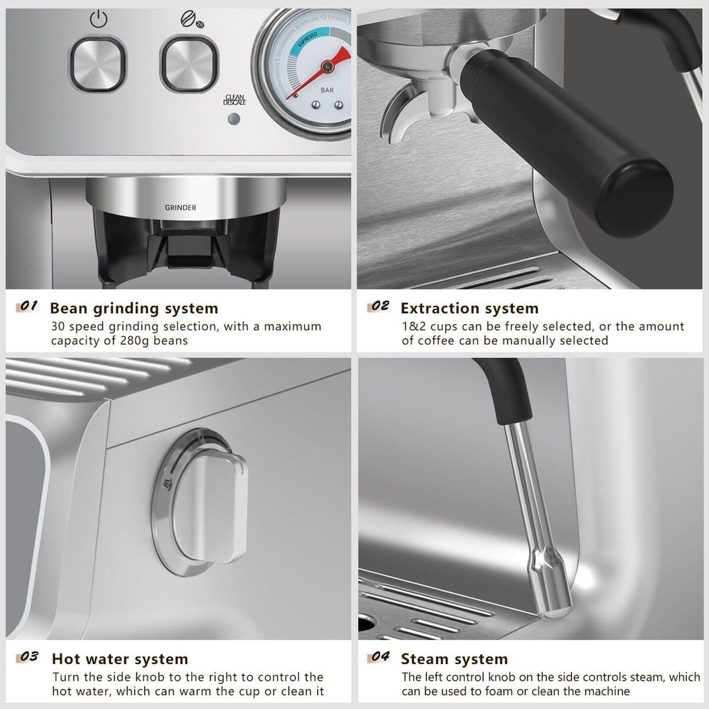 Semi-automatic Coffee Machine with Intelligent Temperature Control and Hot Water Function, 30 Grinding Settings