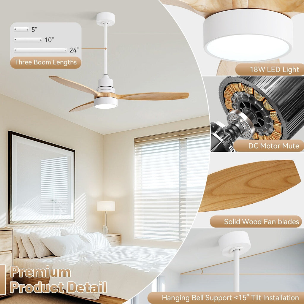 Sofucor 52 Indoor Wood Ceiling Fan Light with Remote, Integrated Light Optional