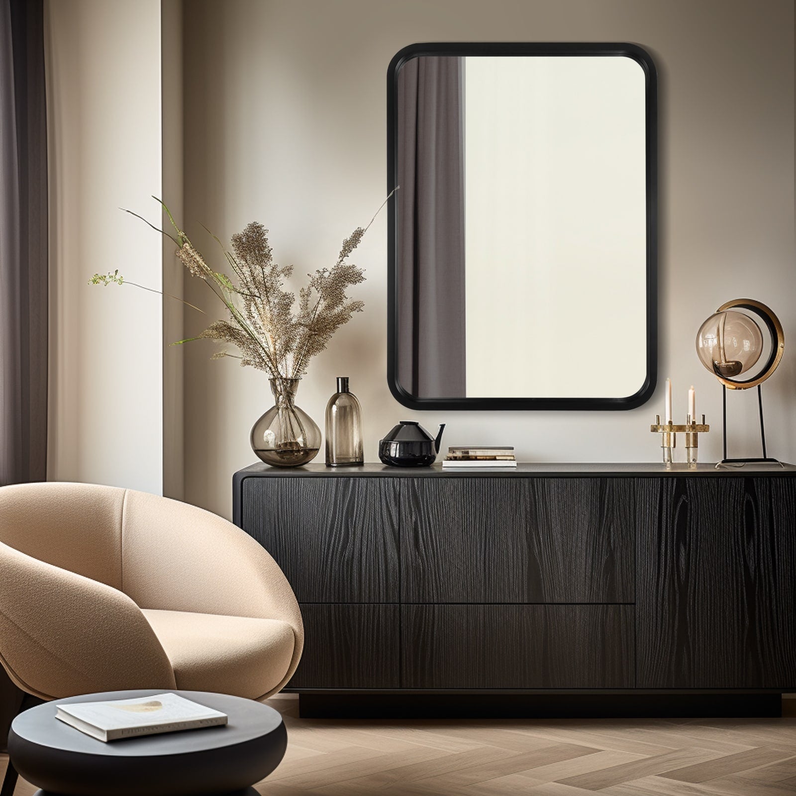 Round Corner Rectangle Farm Wall Mirror with Solid Wood Frame