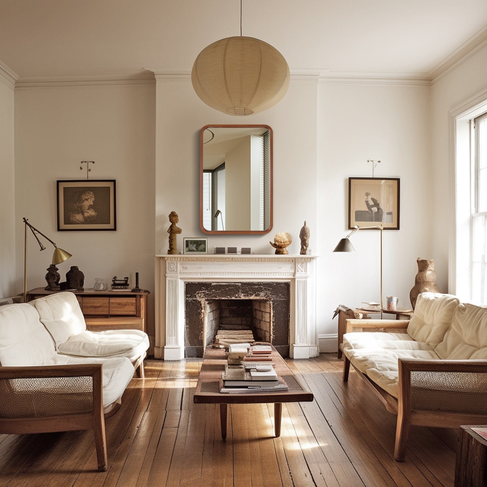 Round Corner Rectangle Farm Wall Mirror with Solid Wood Frame