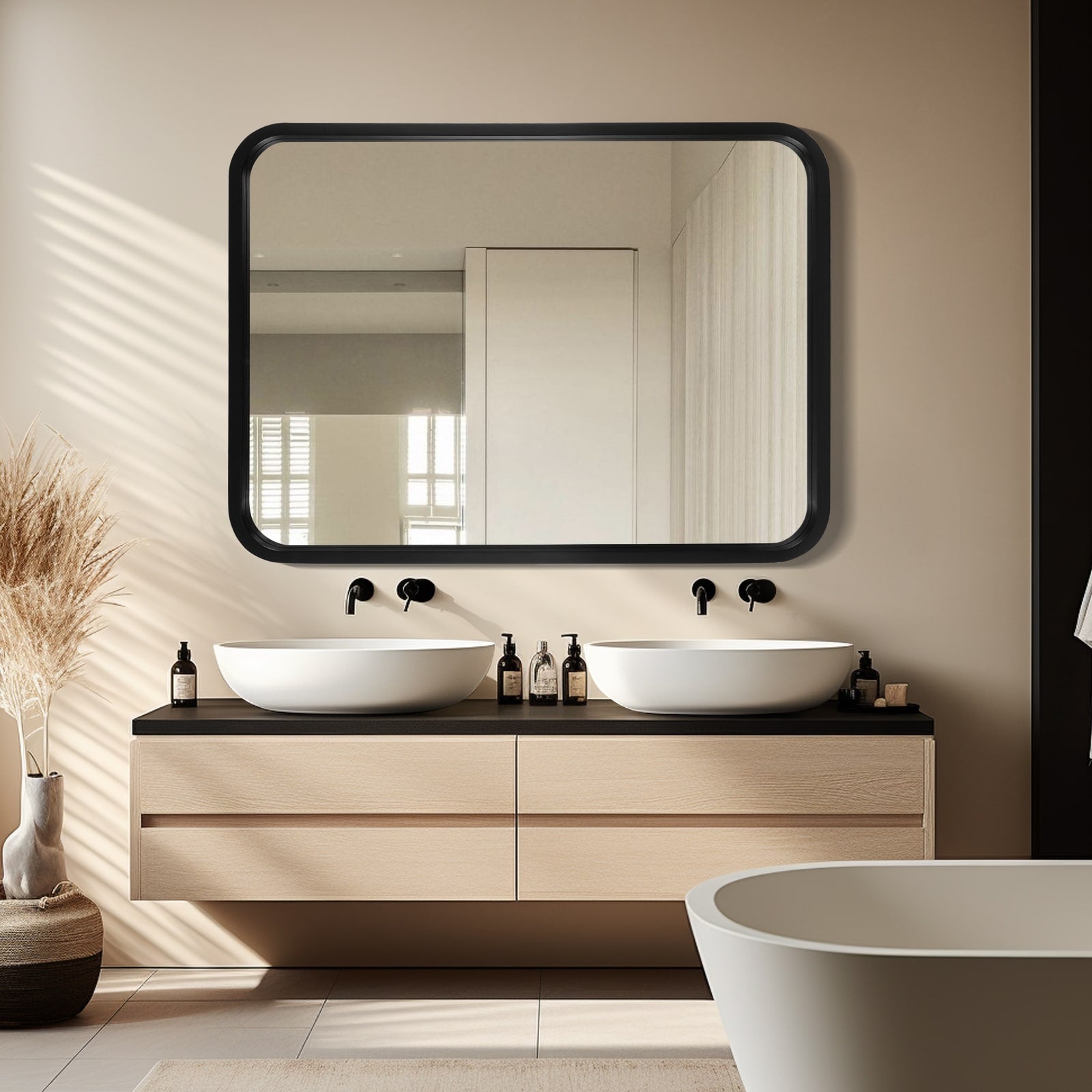 Round Corner Rectangle Farm Wall Mirror with Solid Wood Frame