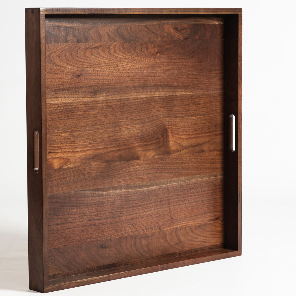 KINWELL Square Black Walnut Wood Serving Tray Ottoman Tray with Handles