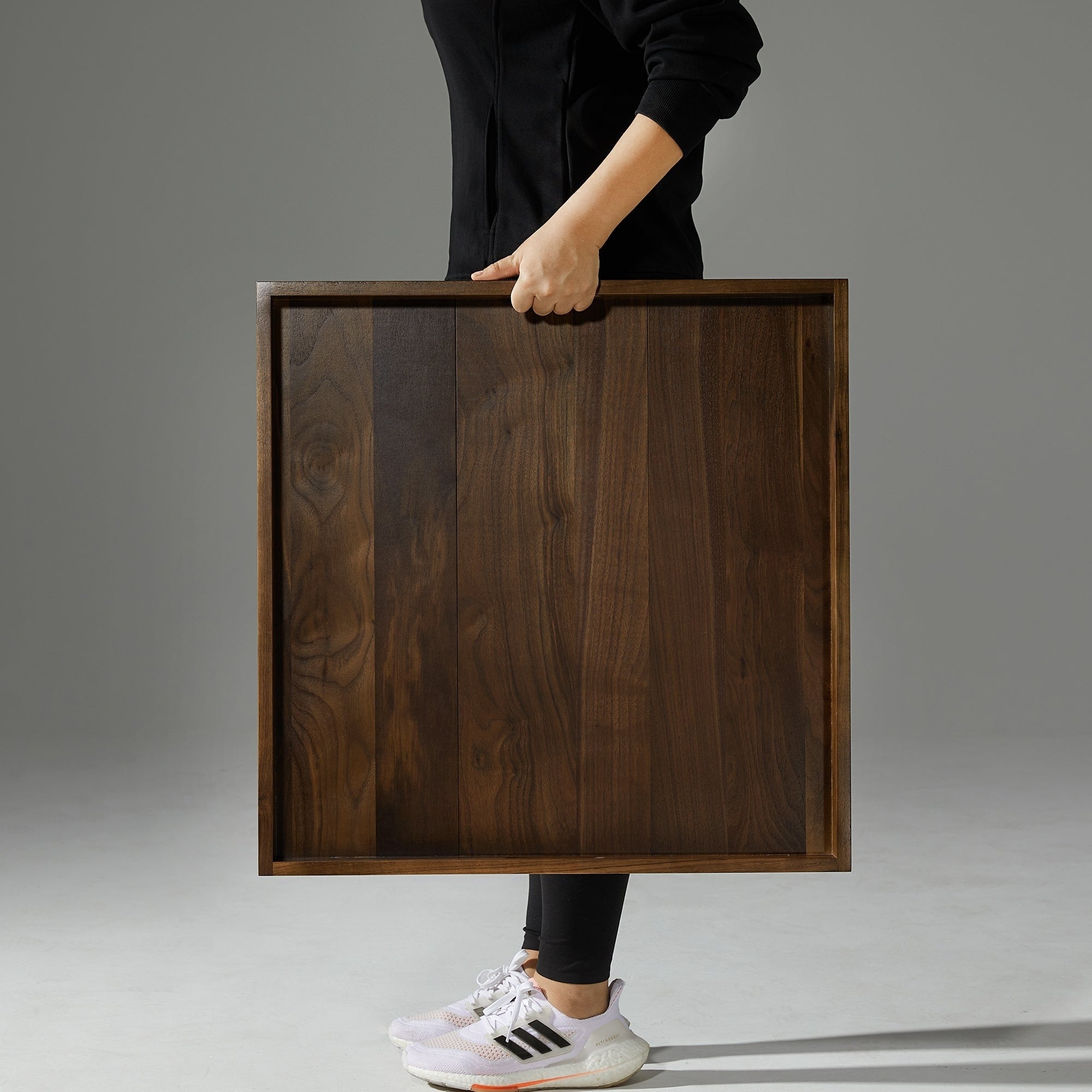 KINWELL Square Black Walnut Wood Serving Tray Ottoman Tray with Handles