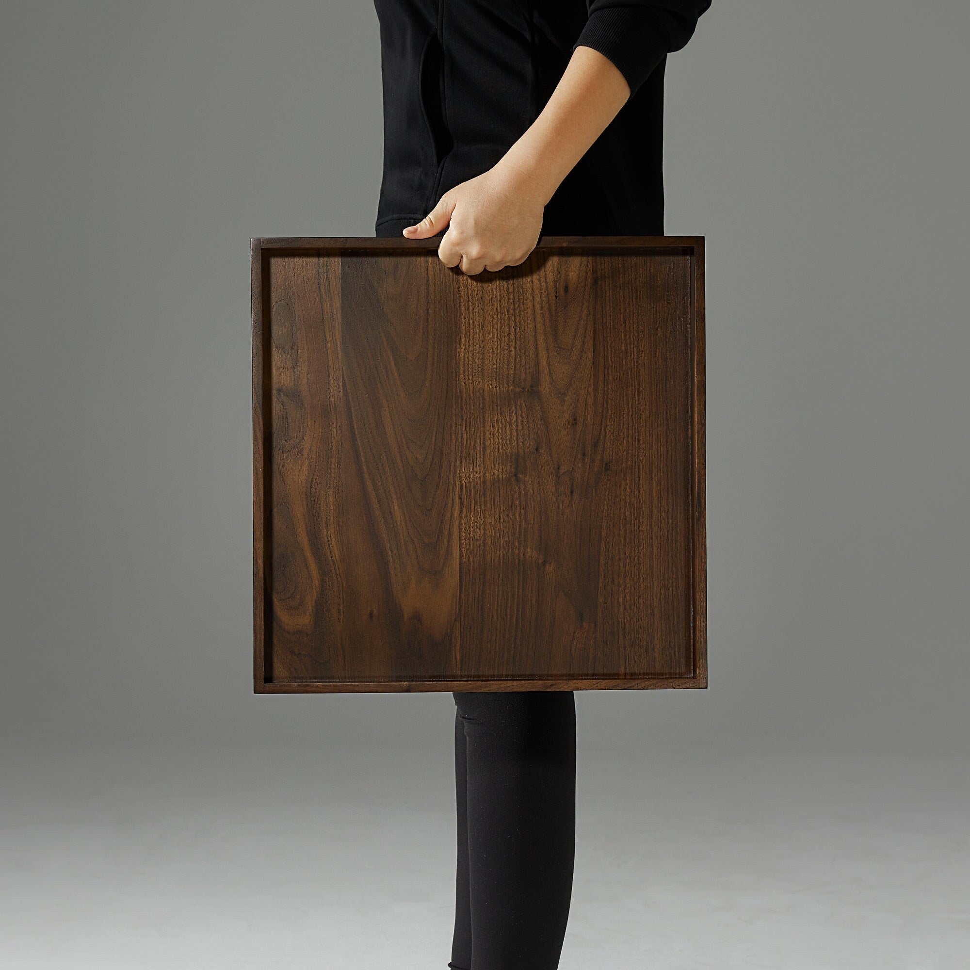 KINWELL Square Black Walnut Wood Serving Tray Ottoman Tray with Handles