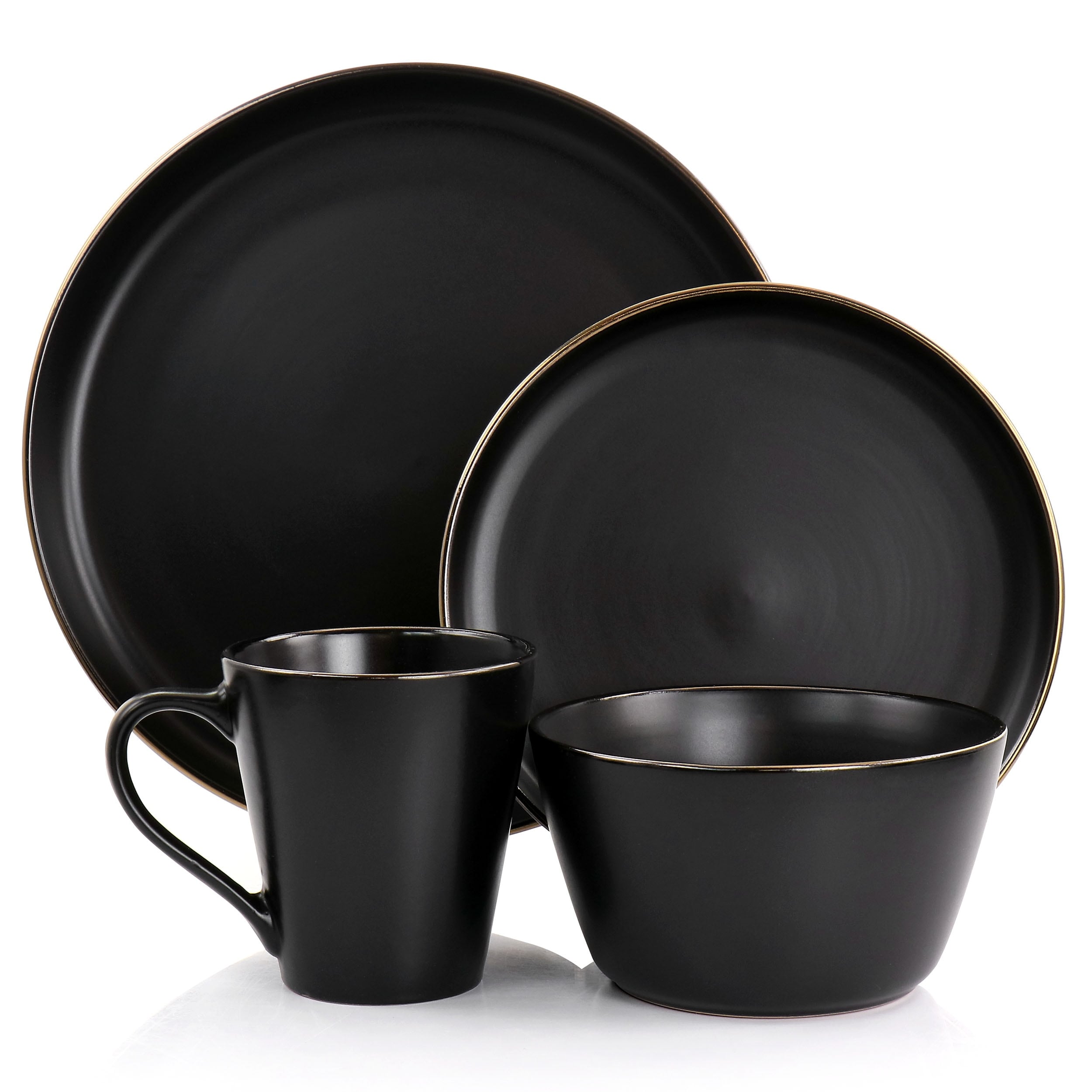 Stoneware Dinnerware 16 Piece Set in Black with Gold Rim