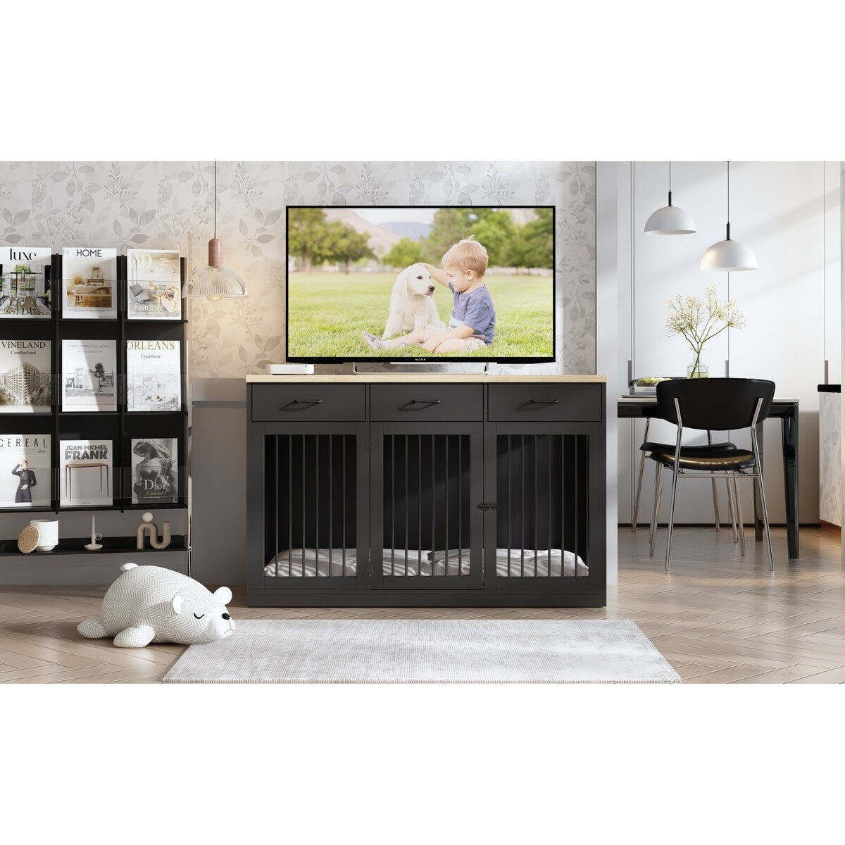 Stylish Wooden Dog Crate Furniture with Storage, 3 Drawers