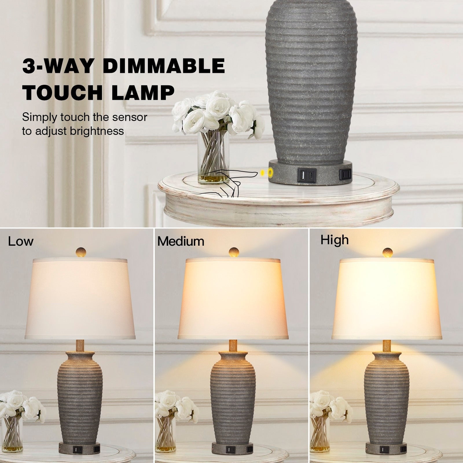 Grey Resin Table Lamps with 3-way Touch Dimming Switch USB Charging Port and AC Outlet (Set of 2)