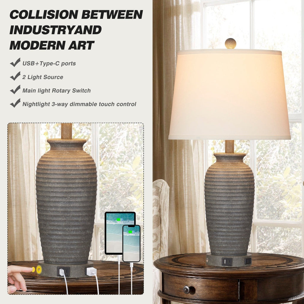 Grey Resin Table Lamps with 3-way Touch Dimming Switch USB Charging Port and AC Outlet (Set of 2)
