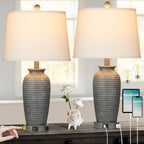 Grey Resin Table Lamps with 3-way Touch Dimming Switch USB Charging Port and AC Outlet (Set of 2)