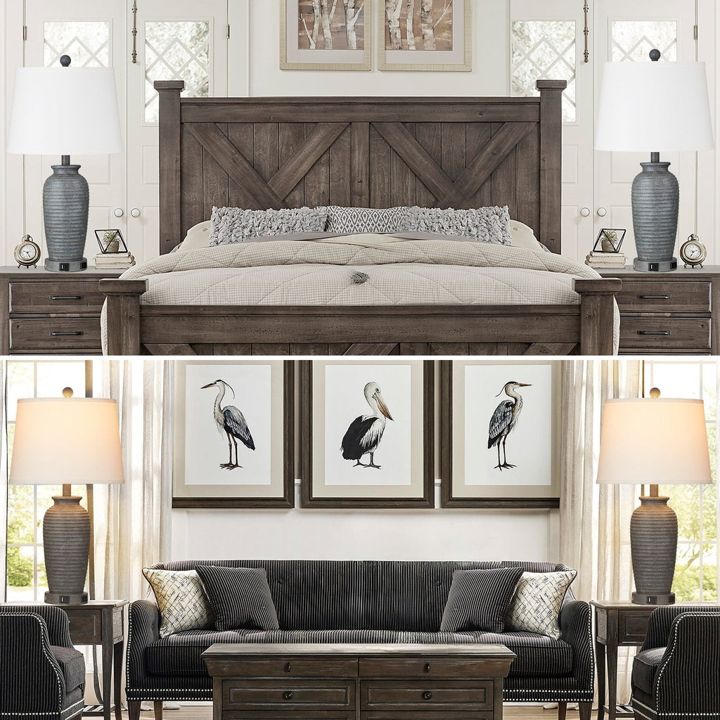 Grey Resin Table Lamps with 3-way Touch Dimming Switch USB Charging Port and AC Outlet (Set of 2)