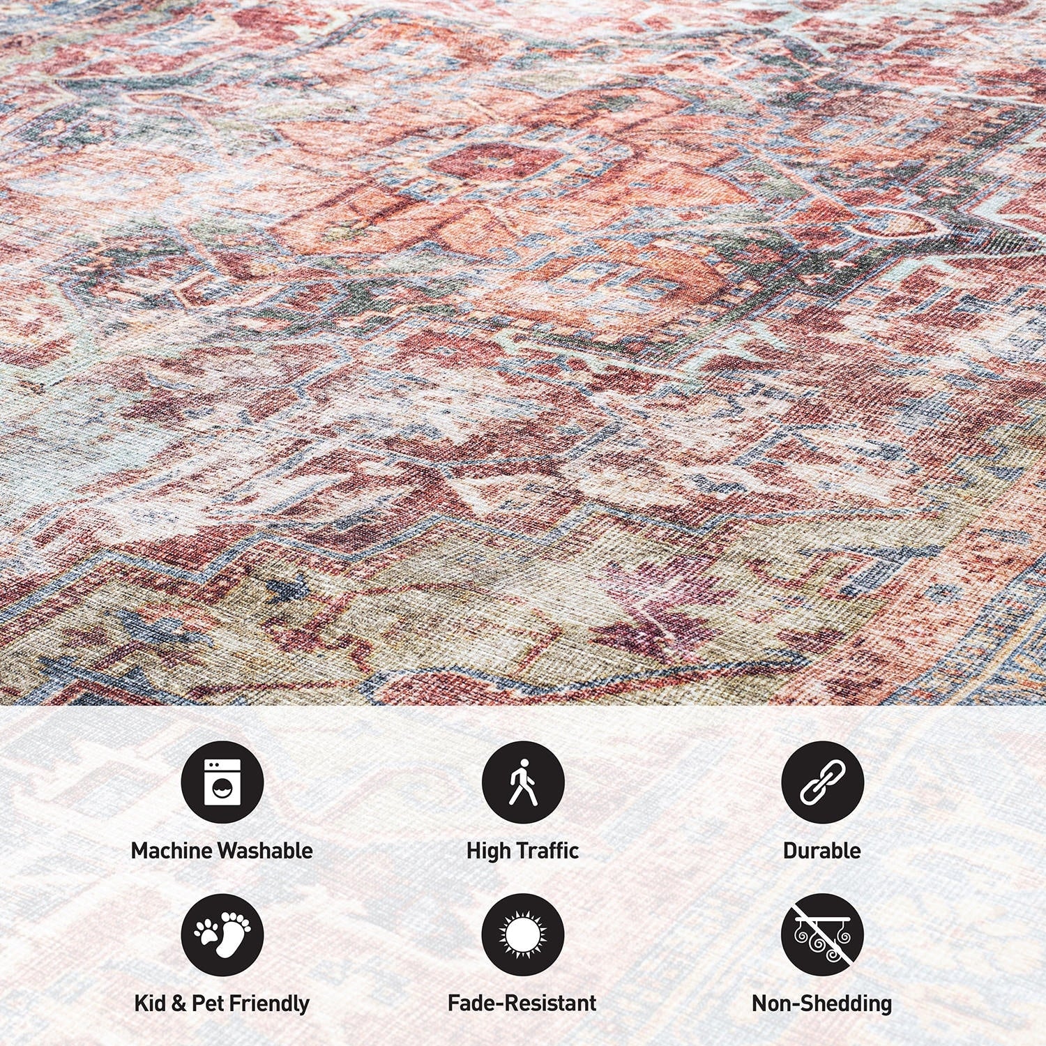 Traditional Distressed Machine Washable Area Rug