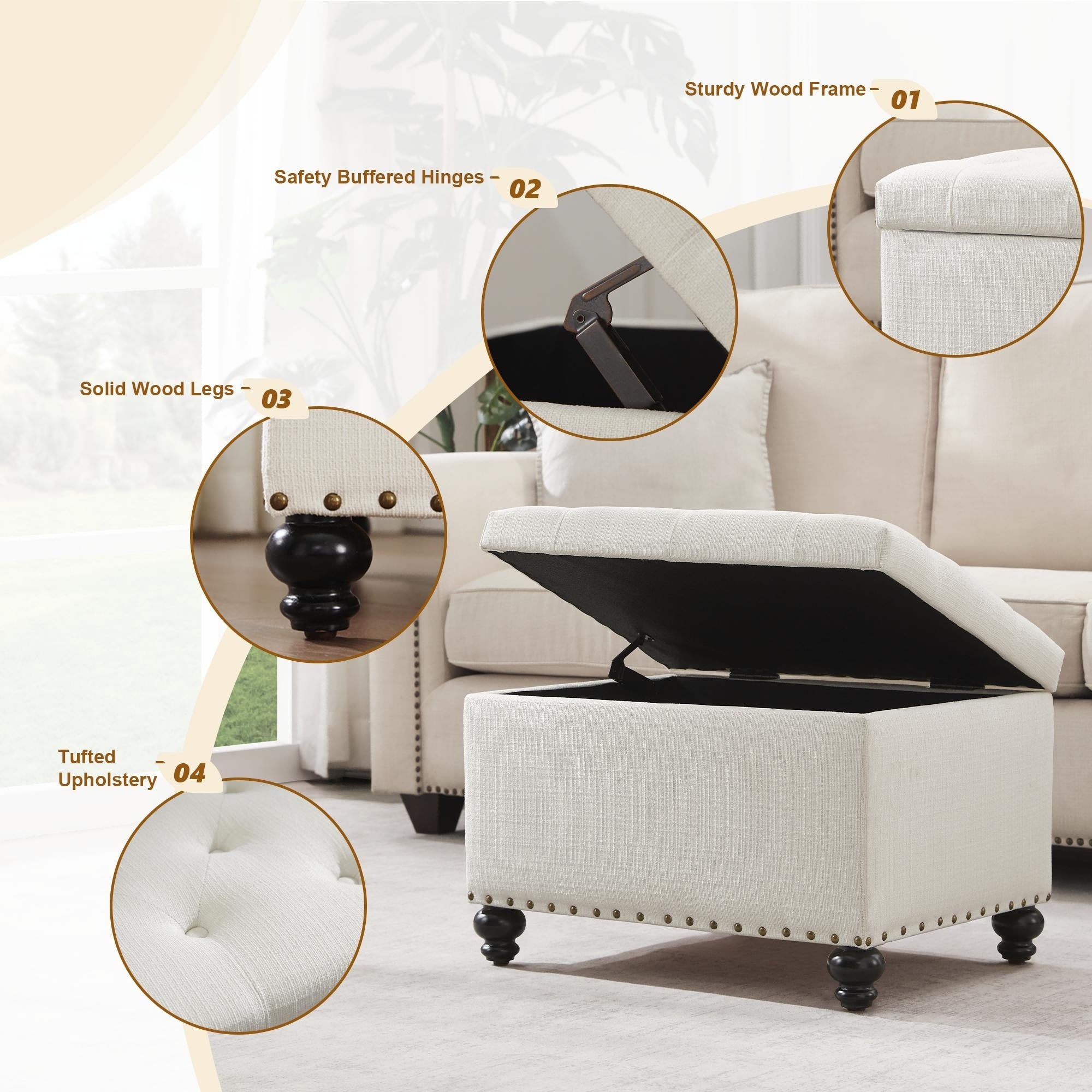 Tufted Storage Ottoman Bench, Rectangular Footstool